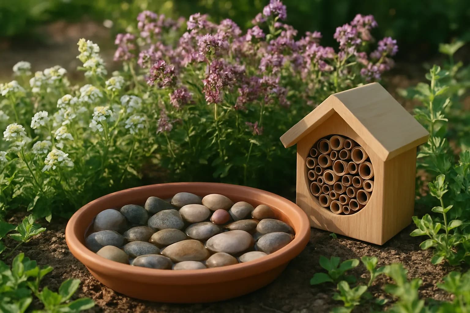 A shallow water dish with pebbles and a small wooden bee hotel set among flowering herbs in a garden