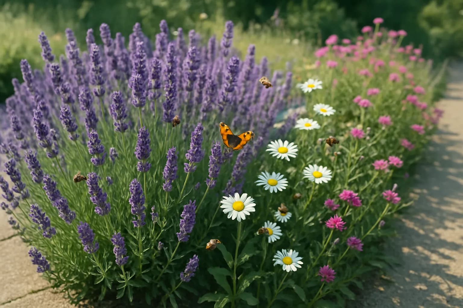 A garden border of lavender and wildflowers with bees and butterflies visiting.