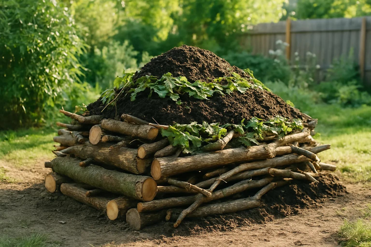 A half-built hugelkultur mound in a backyard, showing a base of stacked logs and branches with leaves and dark compost being layered on top