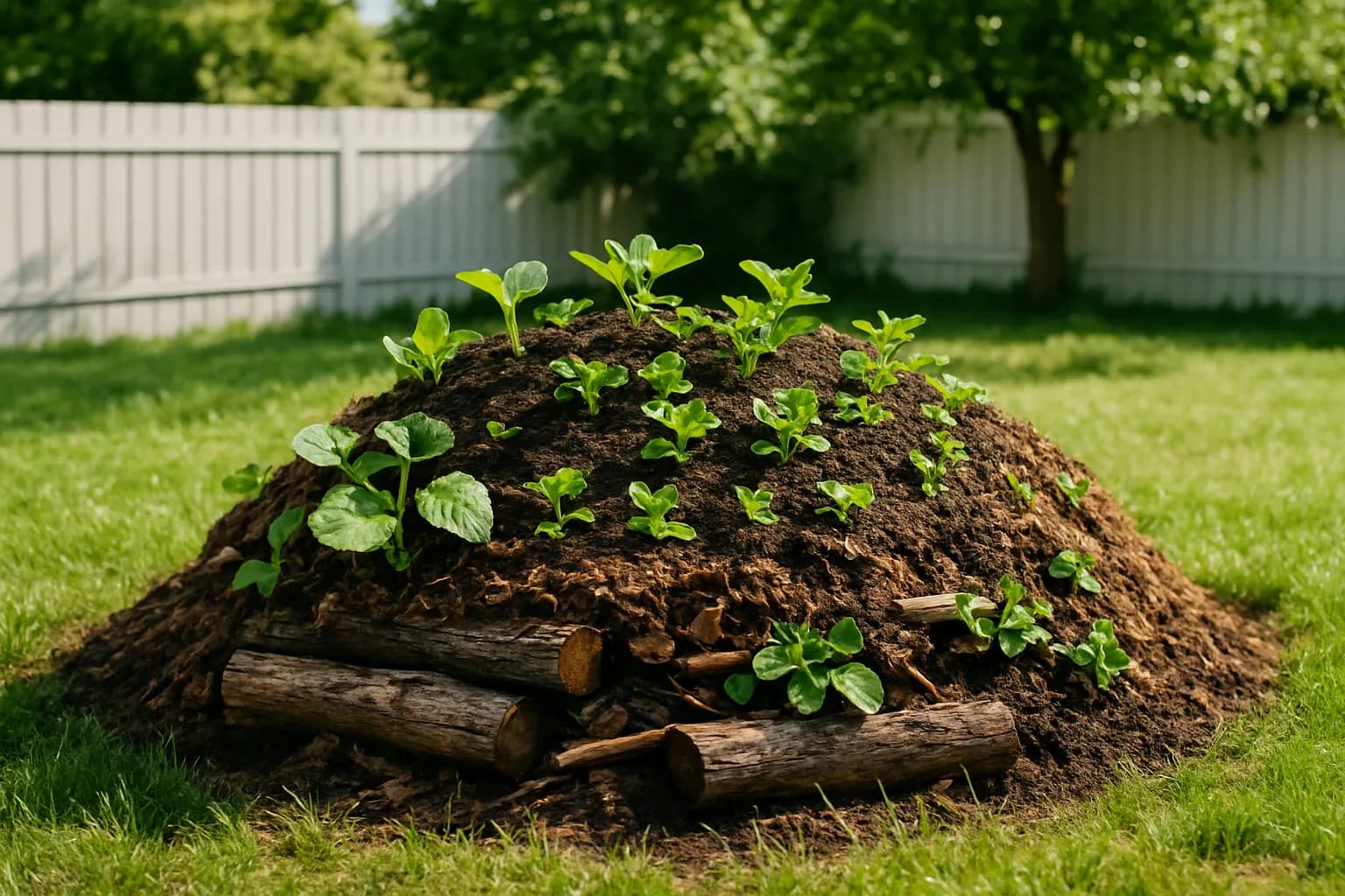 A small backyard hugelkultur mound layered with wood and soil, planted with vegetables.