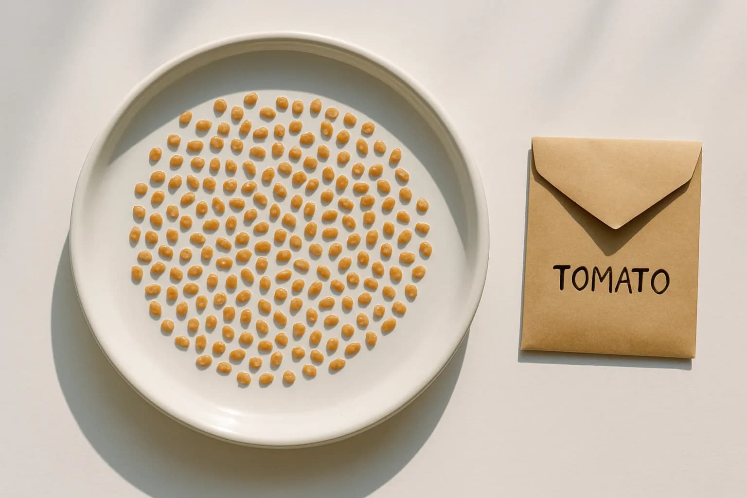 Clean tomato seeds spread in a single layer drying on a white ceramic plate beside a small labeled paper seed envelope