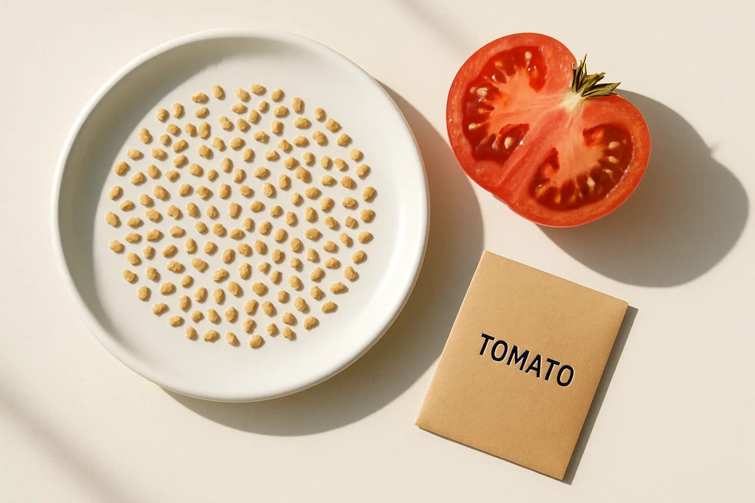 Tomato seeds drying on a plate beside a halved heirloom tomato and a seed envelope.