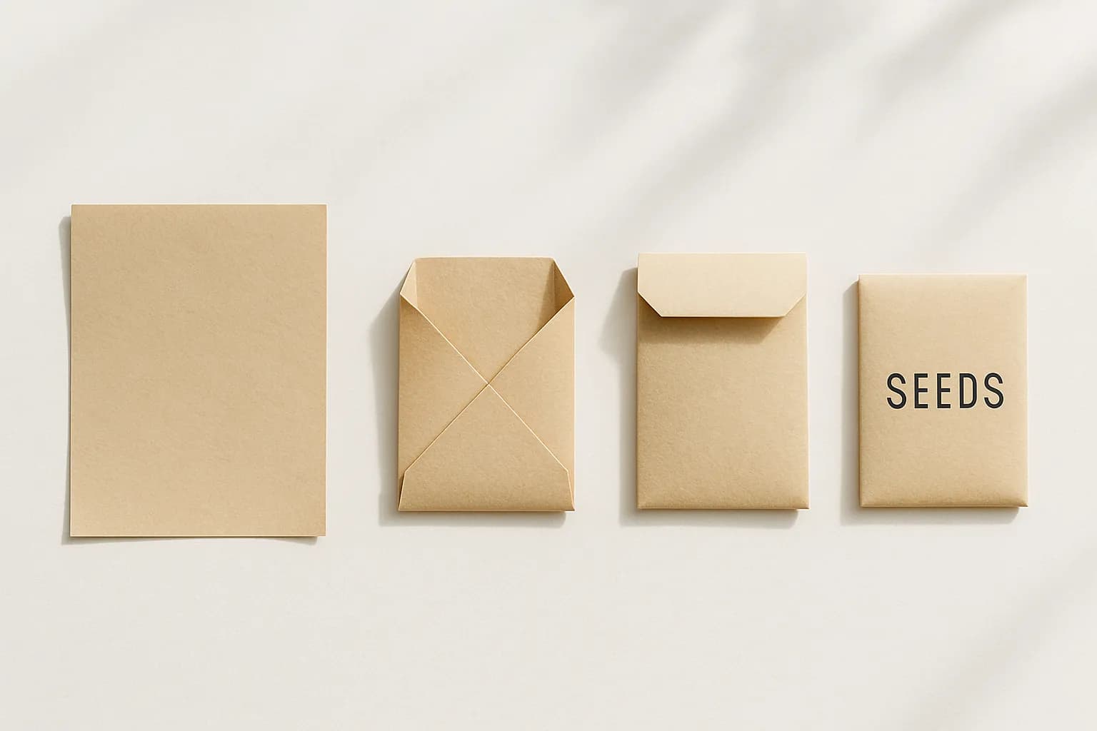A hand-free flat-lay showing the folding steps of a paper seed envelope, from flat paper to finished labelled packet, on a clean table