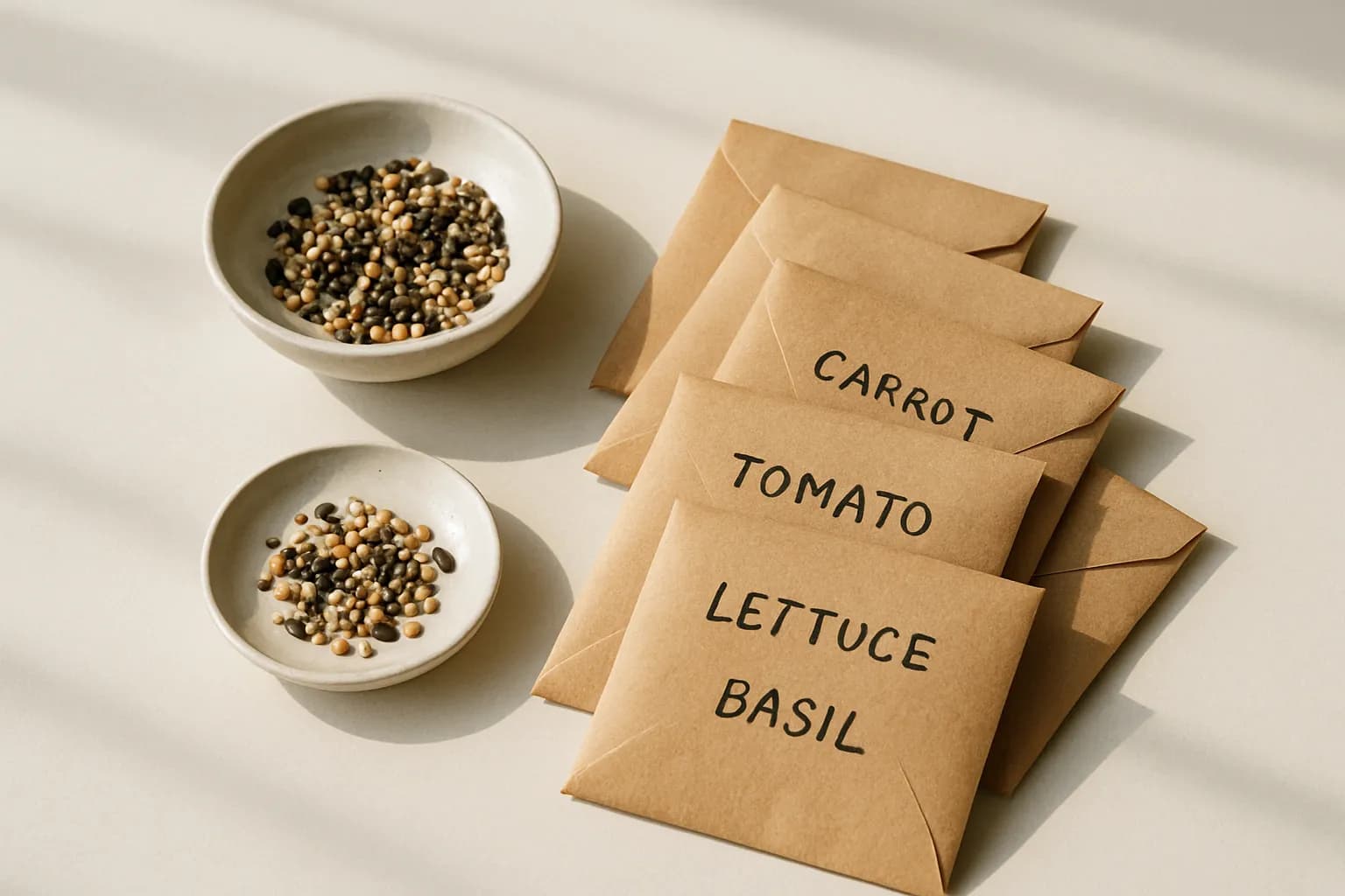 Folded kraft-paper seed envelopes, labelled, beside a dish of seeds.