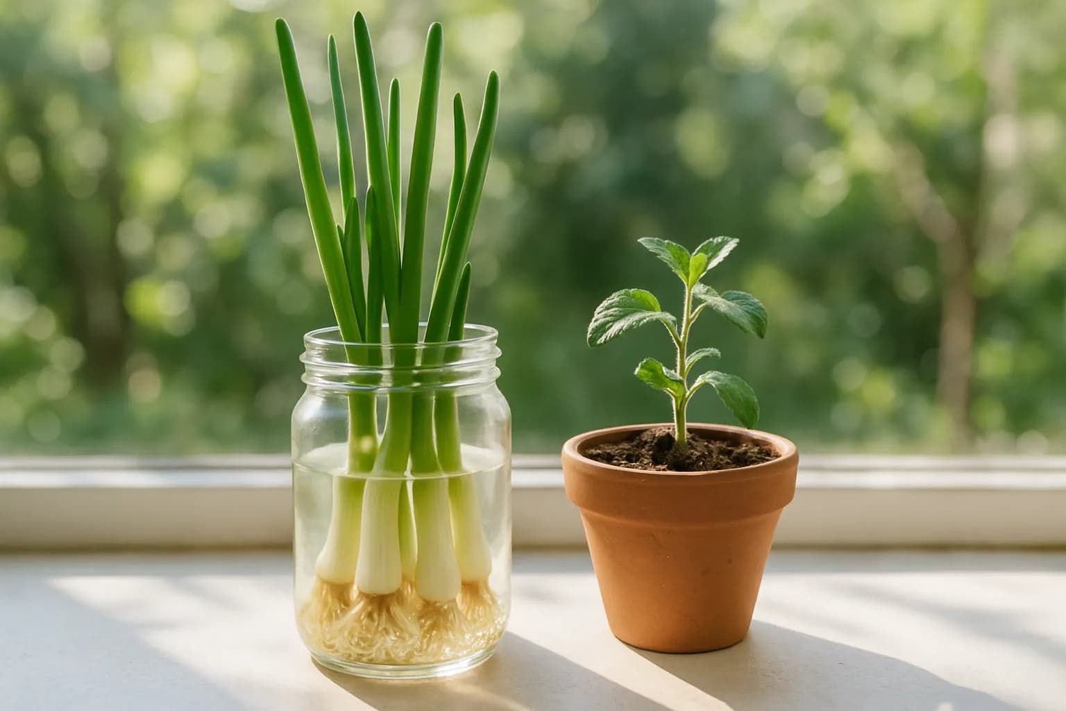 A jar of green onions regrowing in water beside a small pot where a rooted herb cutting has been planted on