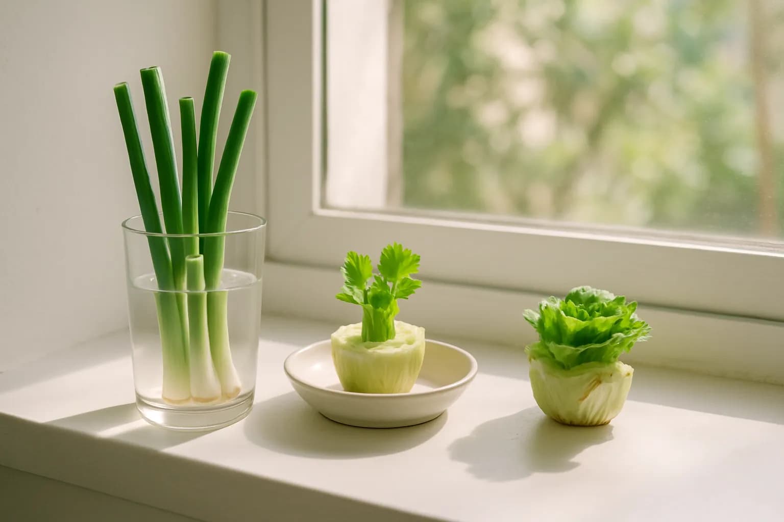 Green onions, celery, and lettuce bases regrowing in water on a windowsill.