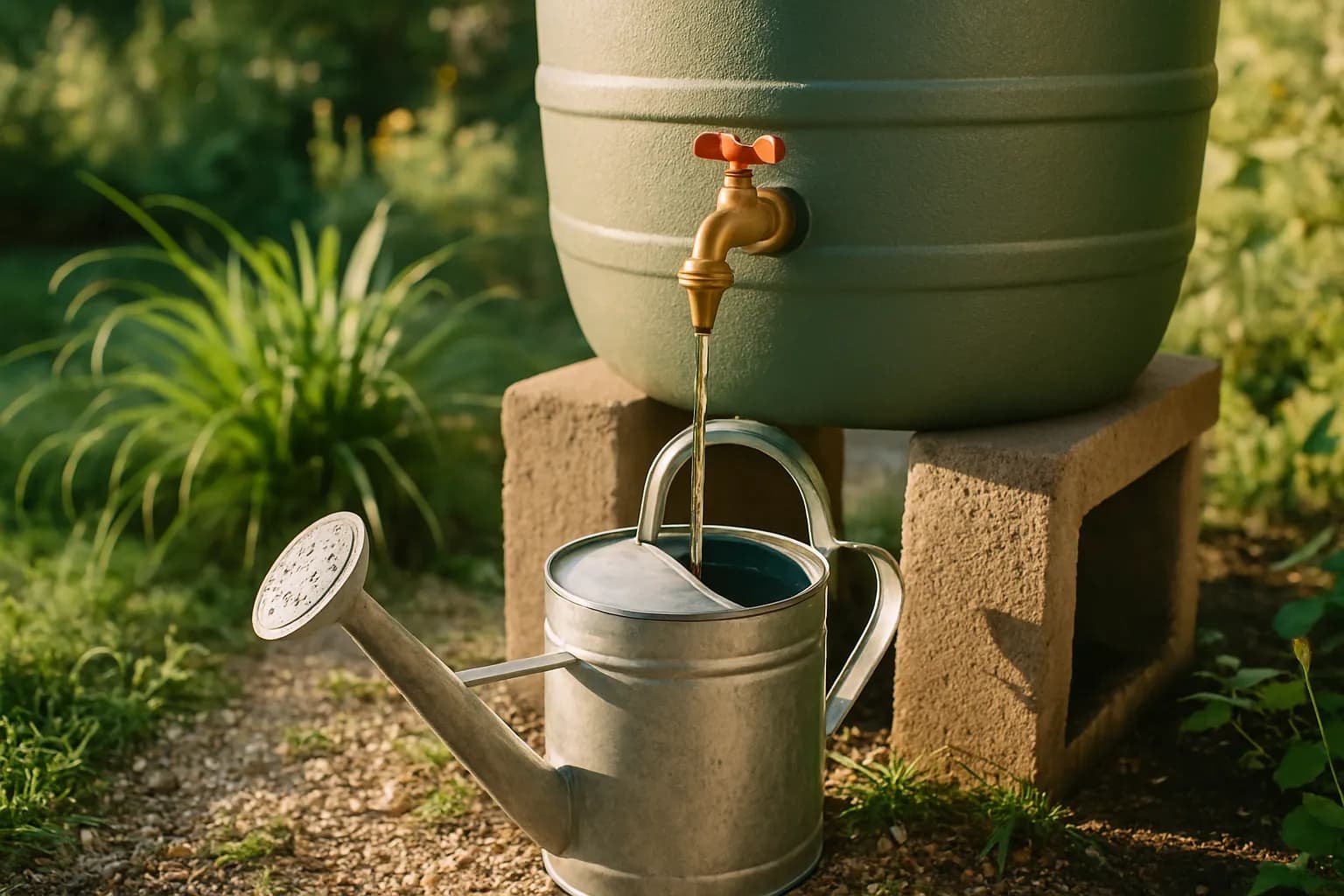 A close-up of a rain barrel tap fitted near the base with a watering can filling beneath it, the barrel raised on blocks