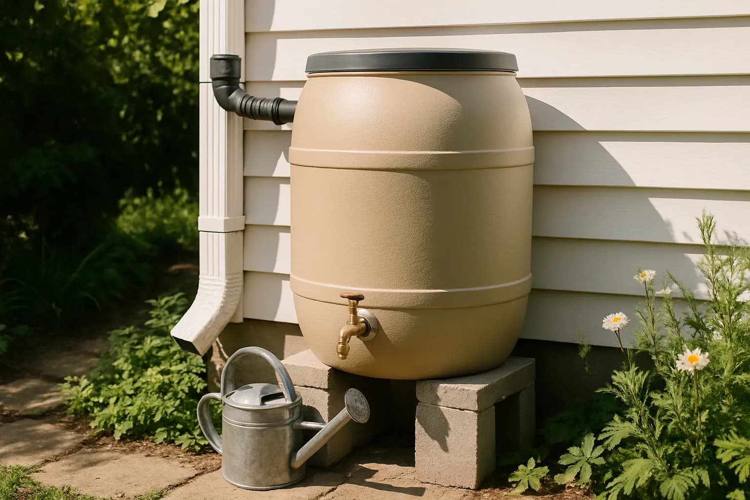 A DIY rain barrel connected to a downpipe, raised on blocks with a tap and watering can.