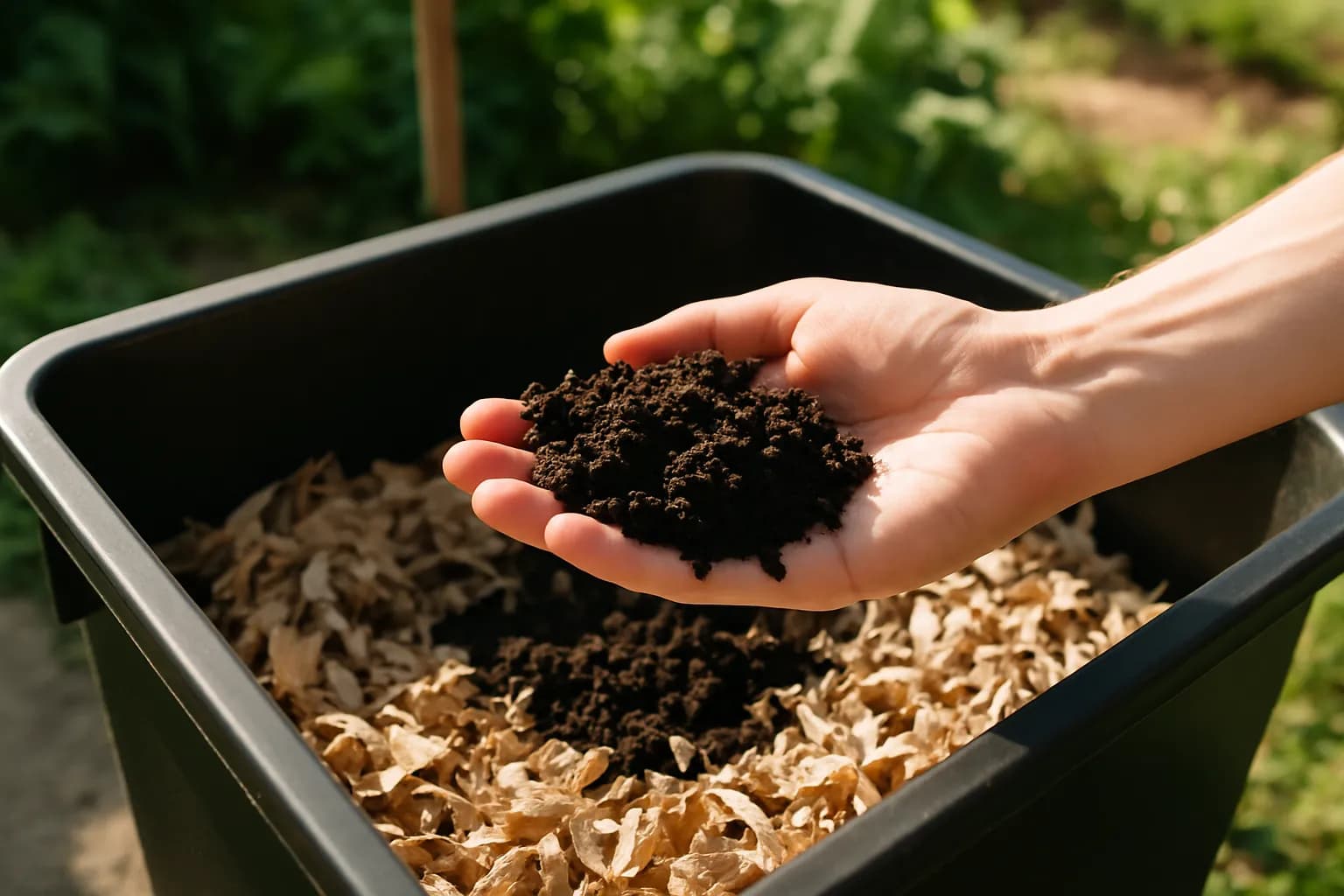 A handful of dark, crumbly worm castings held over an open worm bin filled with bedding