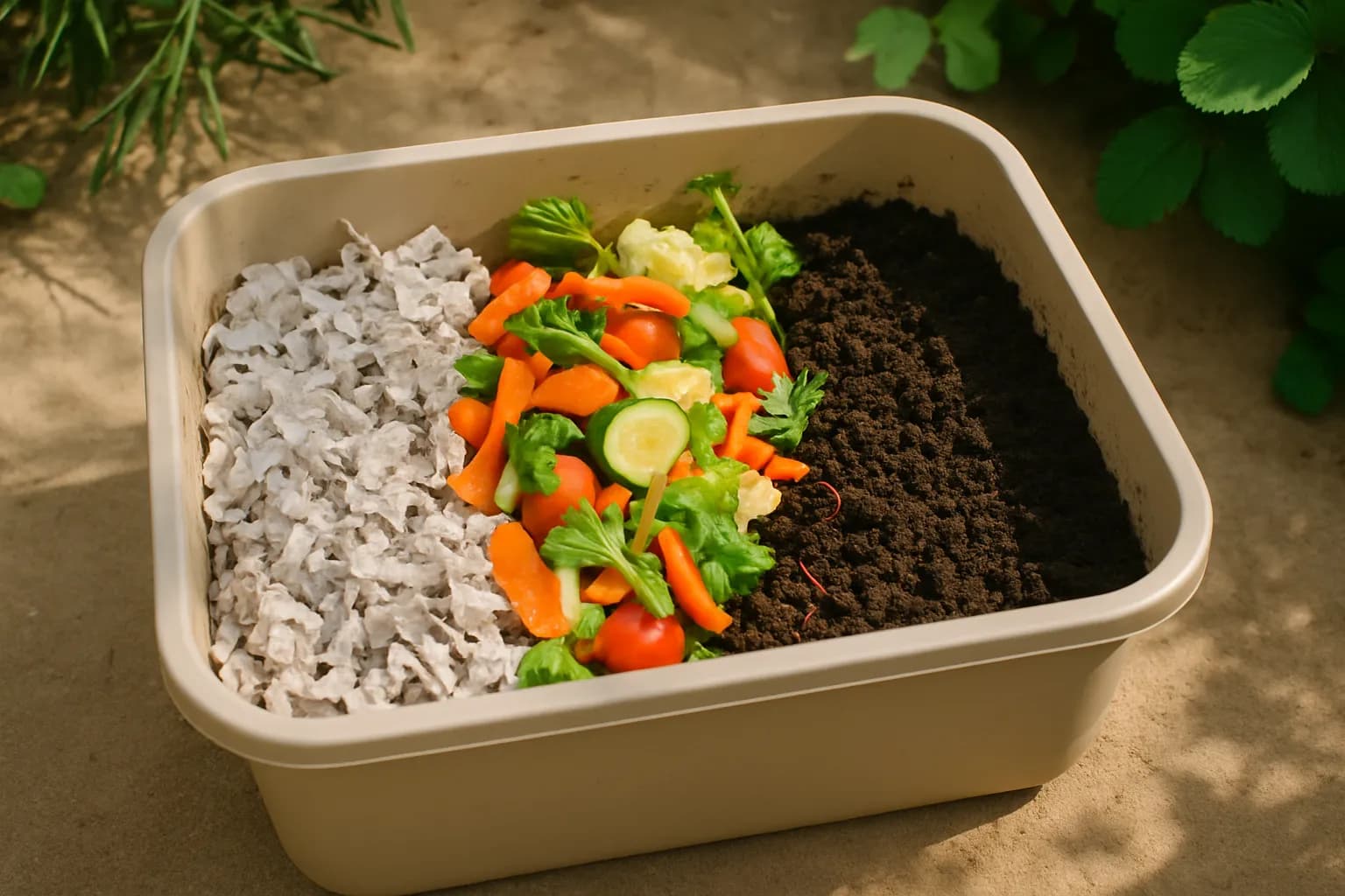 An open worm composting bin with bedding, vegetable scraps, and dark worm castings.