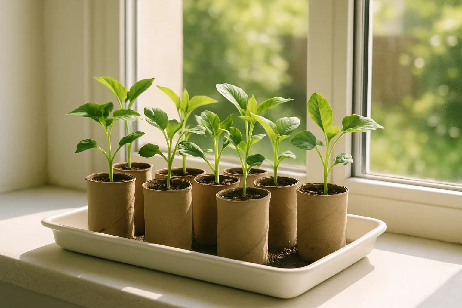A tray of sturdy green seedlings in upcycled toilet-roll pots on a sunny windowsill