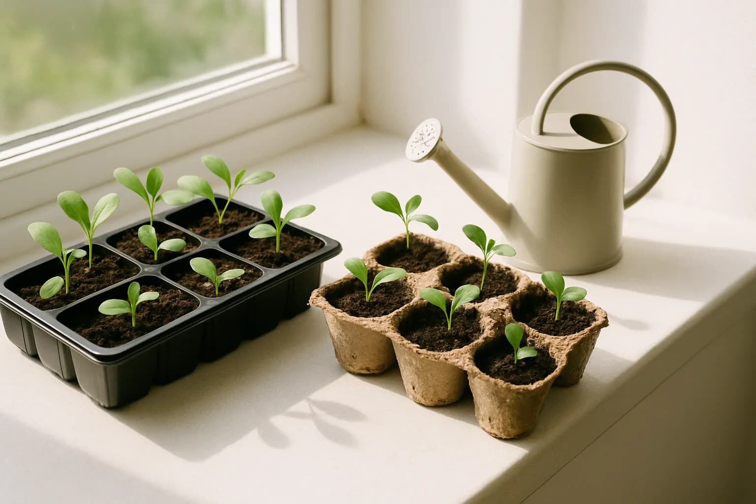 Seed trays and egg-carton pots of seedlings on a bright windowsill.