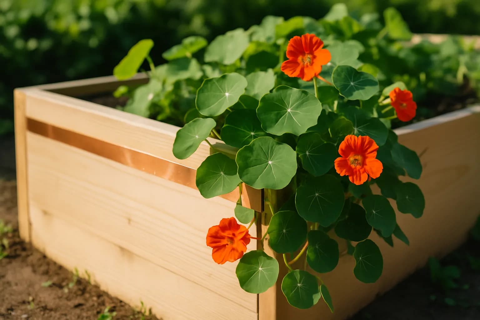 A close-up raised bed corner with copper tape running along the wooden edge and nasturtiums trailing over the side