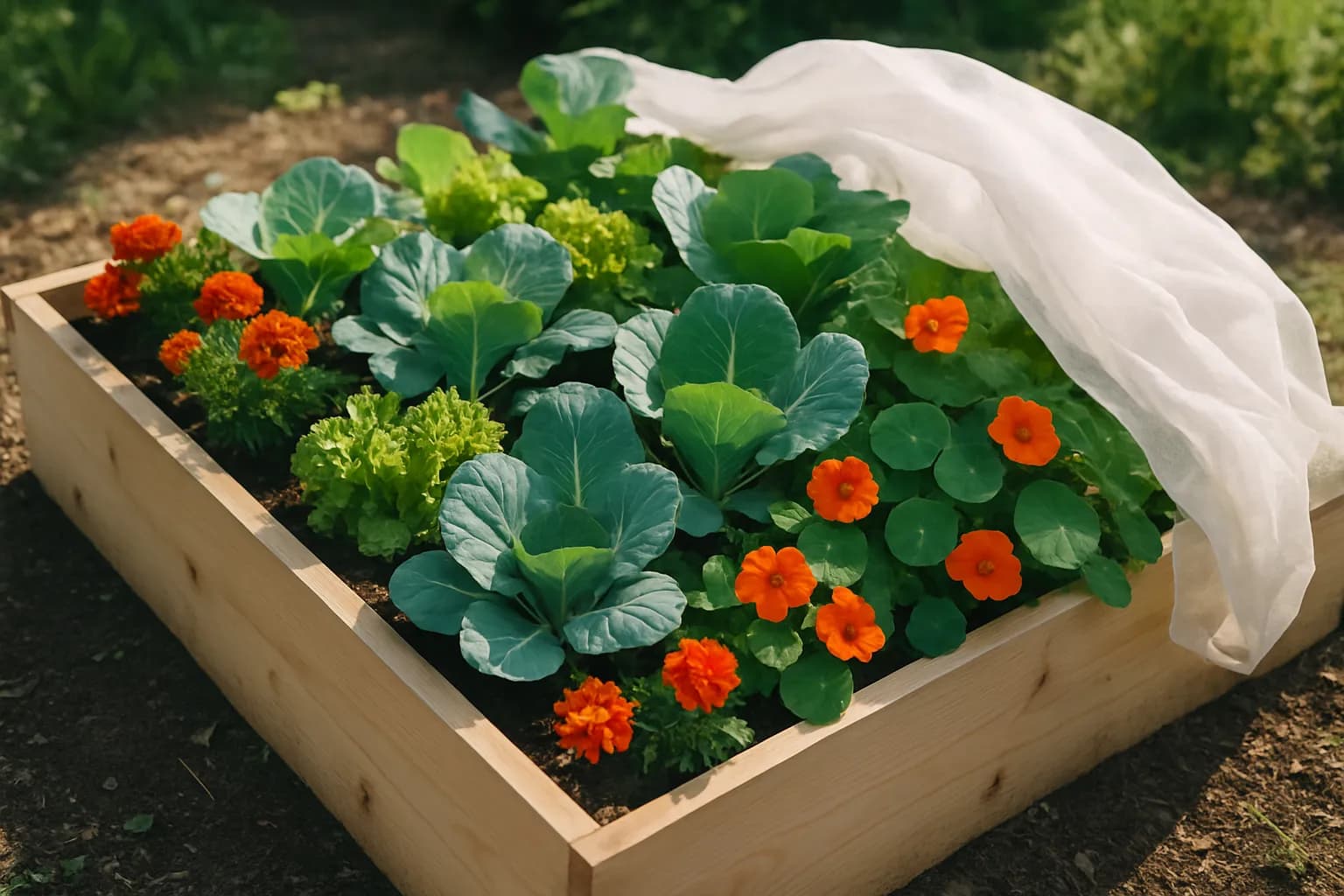 A raised garden bed with companion flowers and a mesh row cover for natural pest control.