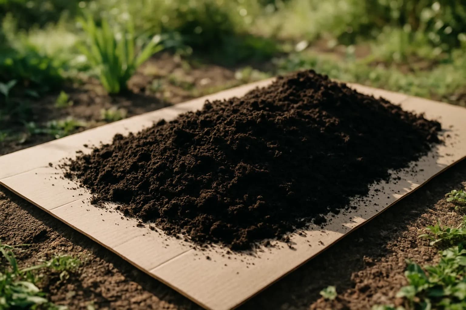 A hand-free close-up of cardboard being covered with a thick layer of dark compost to start a no-dig bed