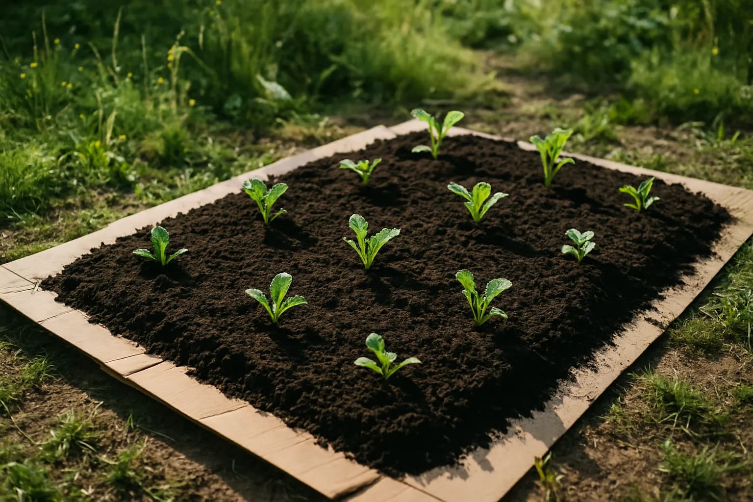 A no-dig garden bed of cardboard topped with dark compost and young seedlings.
