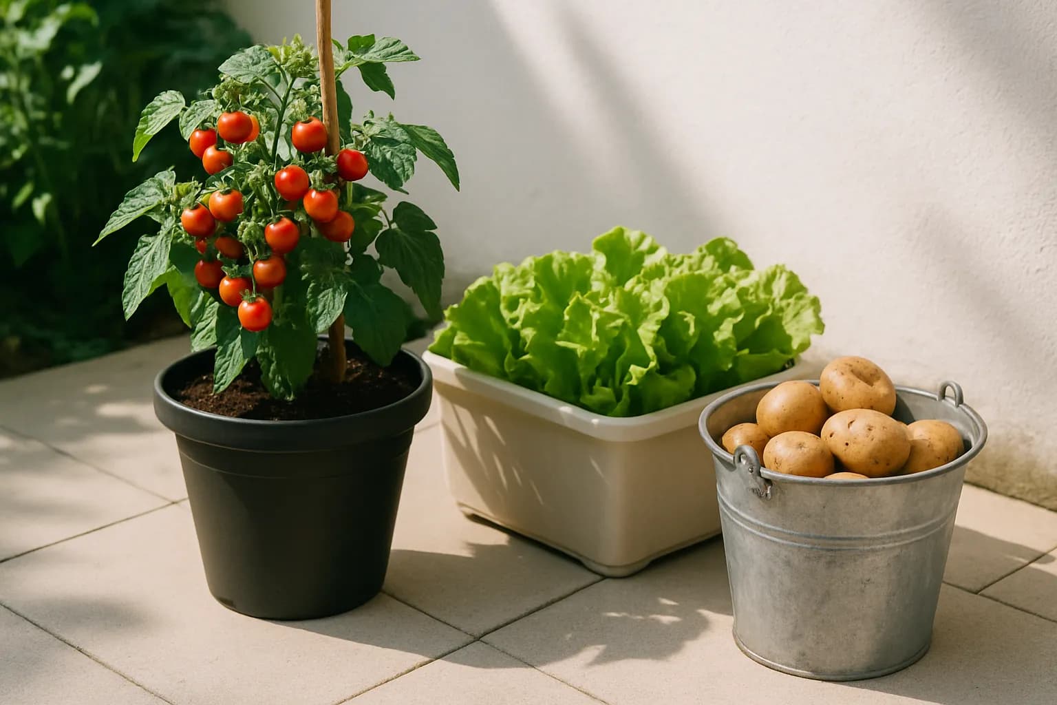Grouped containers on a patio — a large pot of cherry tomatoes with a cane support, a trough of lettuce, and a bucket of potatoes