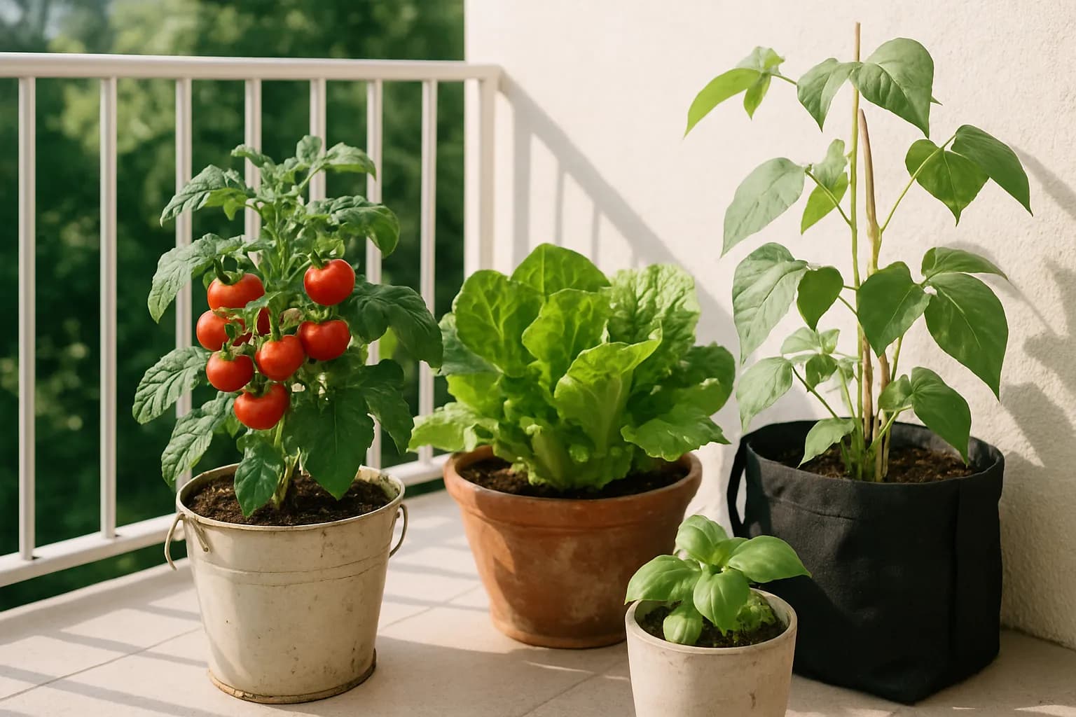 A small balcony vegetable garden of tomatoes, lettuce, and beans in upcycled containers.