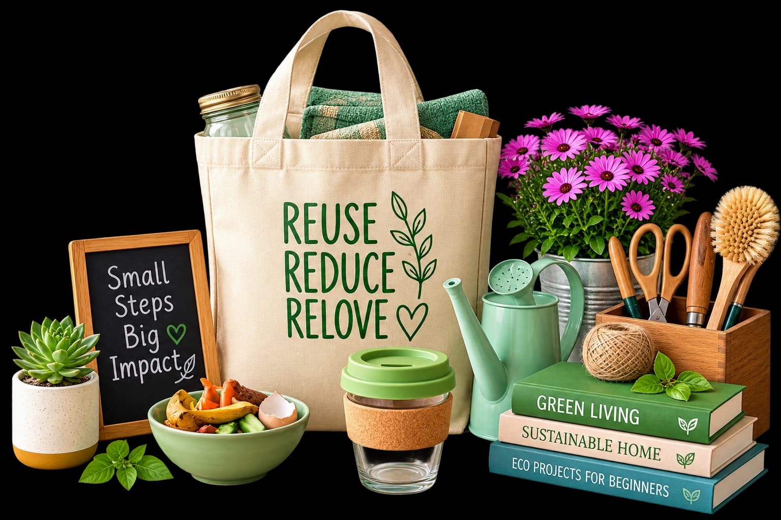 A shelf of eco-friendly home items and plants