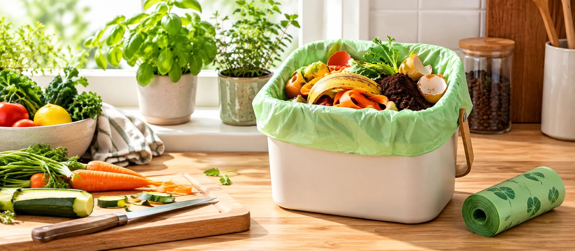 A countertop compost caddy lined with a green compostable bag, filled with food scraps, on a kitchen counter.