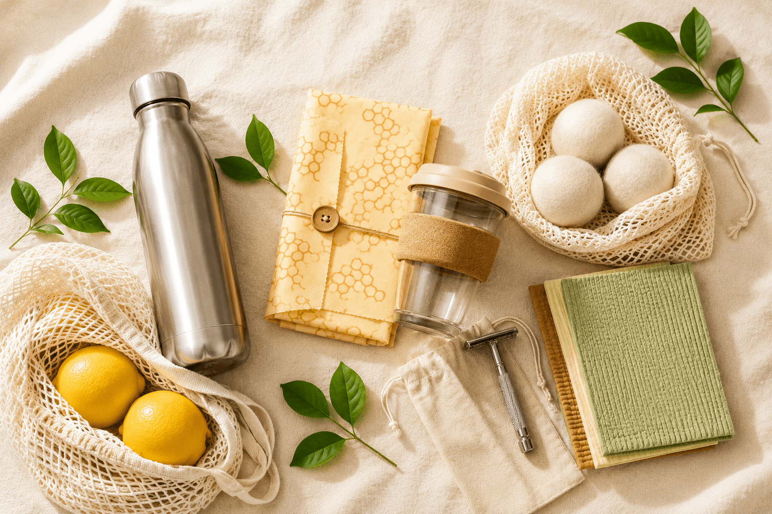 A flat lay of reusable products including a water bottle, produce bags, beeswax wraps, a coffee cup and dryer balls on a cream surface.