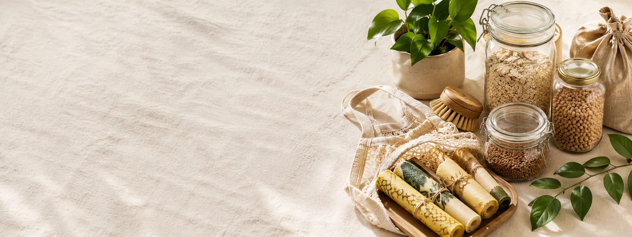 A flat lay of eco-friendly reusable products including glass jars, beeswax wraps, plants and natural materials