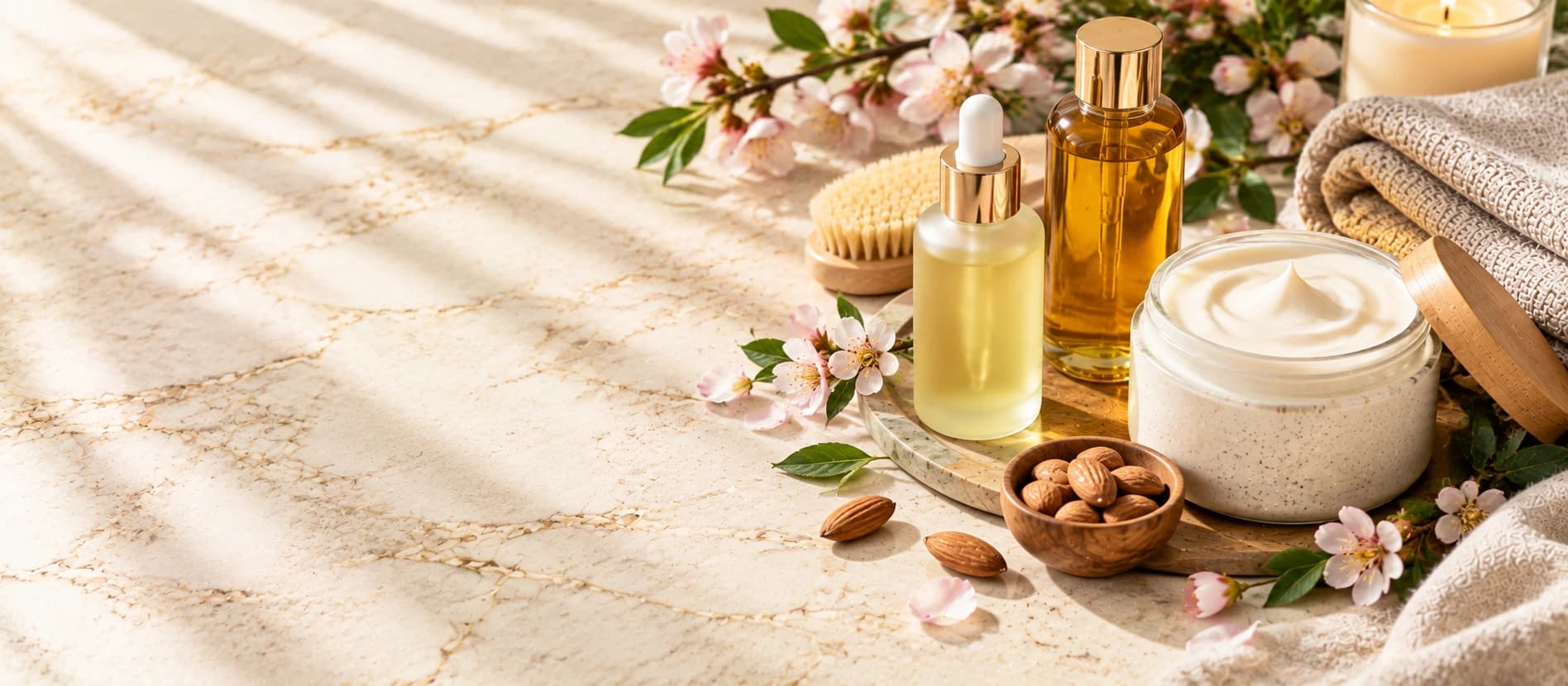 An elegant flat-lay of premium body oils and body cream in glass bottles on a cream marble surface.