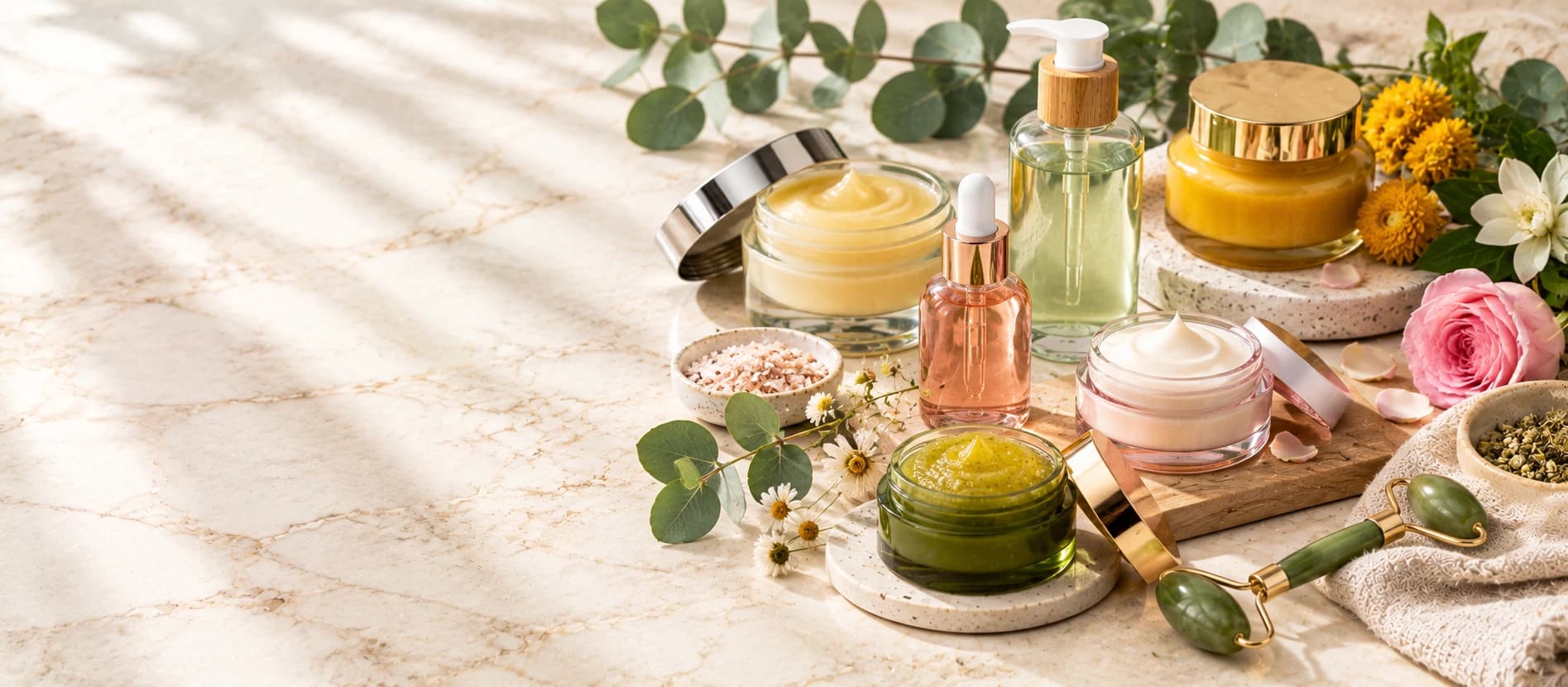 An elegant flat-lay of premium clean skincare in glass bottles and jars on a cream marble surface with eucalyptus.