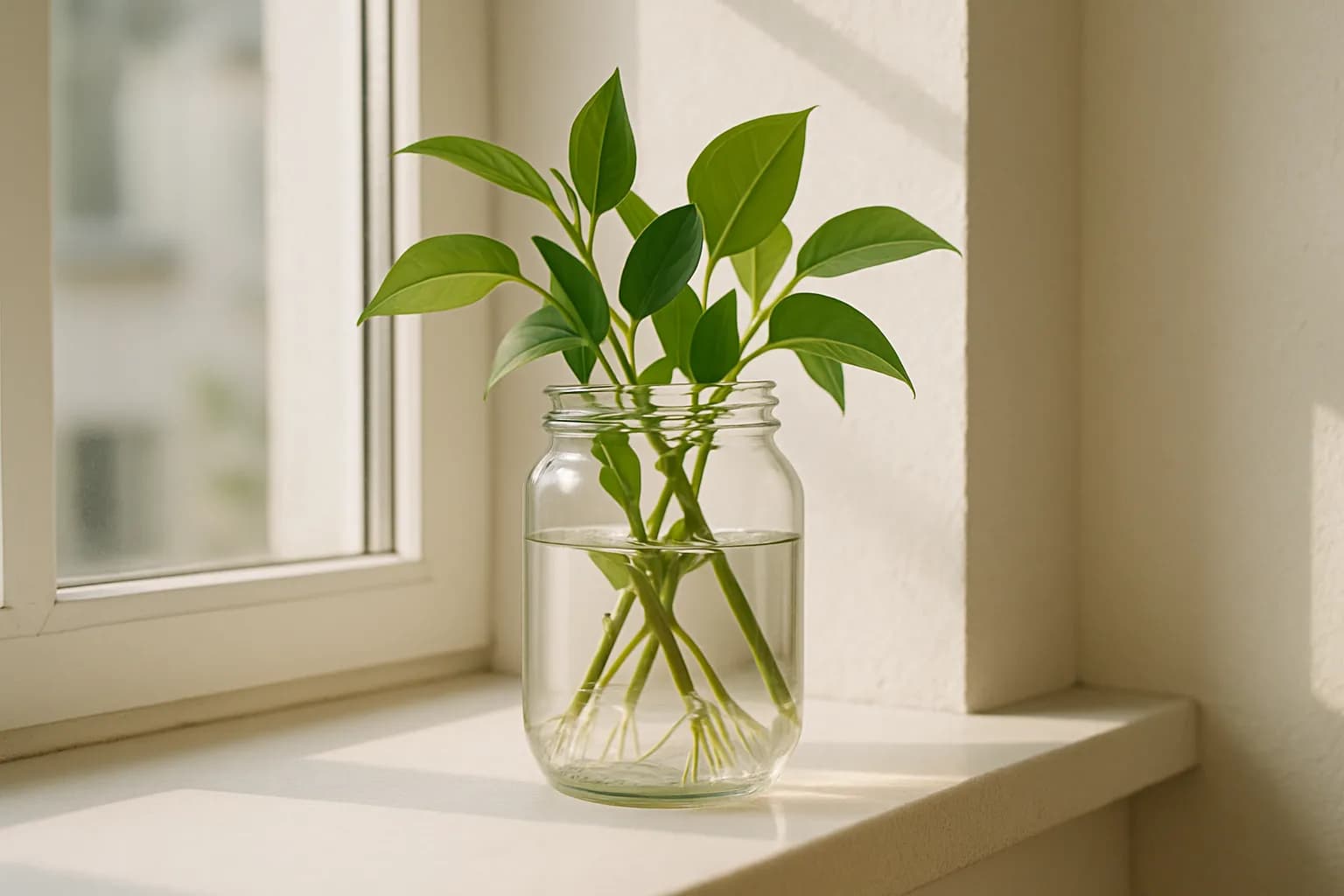 A clean glass sauce jar on a windowsill used as a propagation station, holding green cuttings with visible white roots in water, morning light streaming through