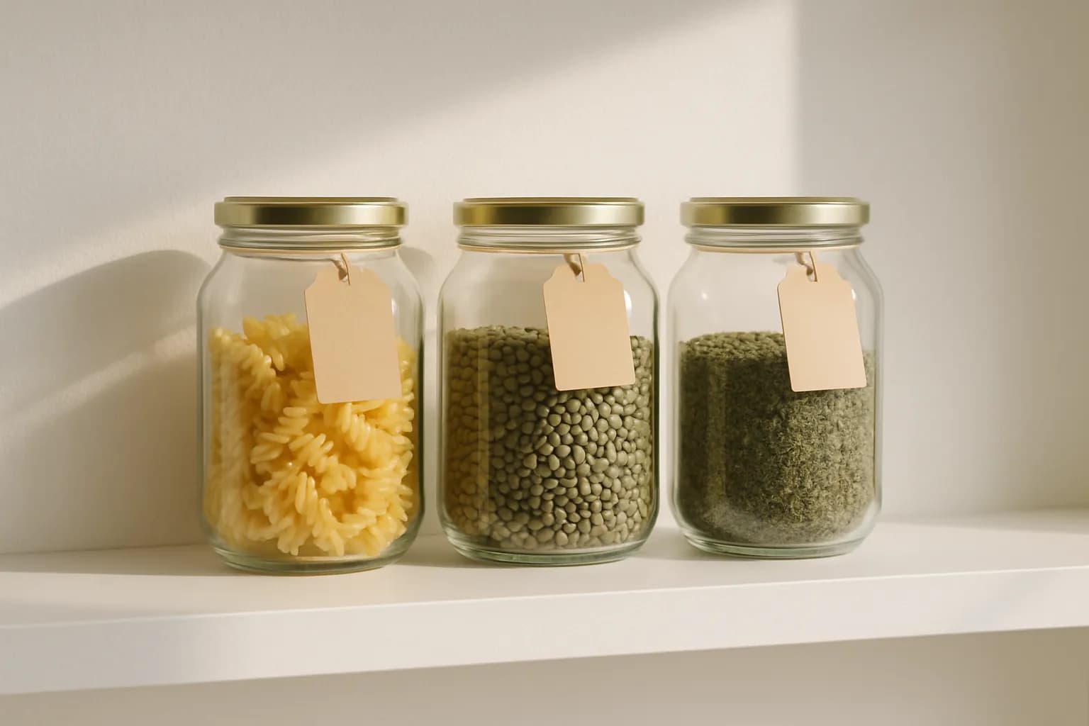 A row of clean, label-free glass sauce jars filled with dry pantry goods.
