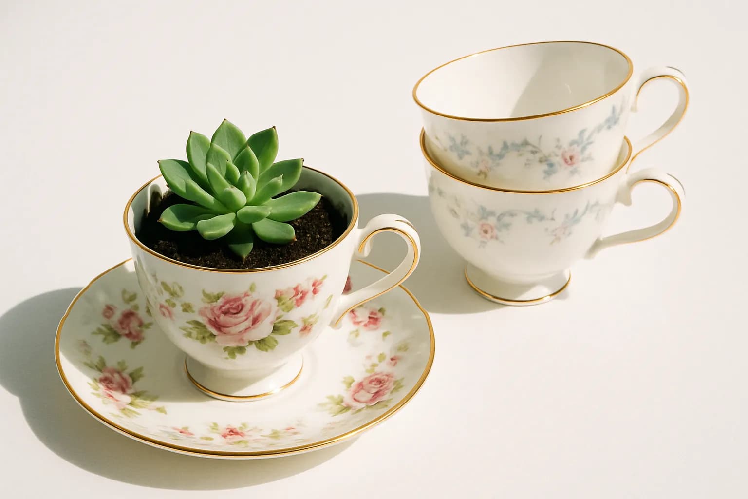 A vintage floral teacup planted with a small succulent, sitting on its matching saucer beside two other stacked teacups, delicate patterns and gold rims