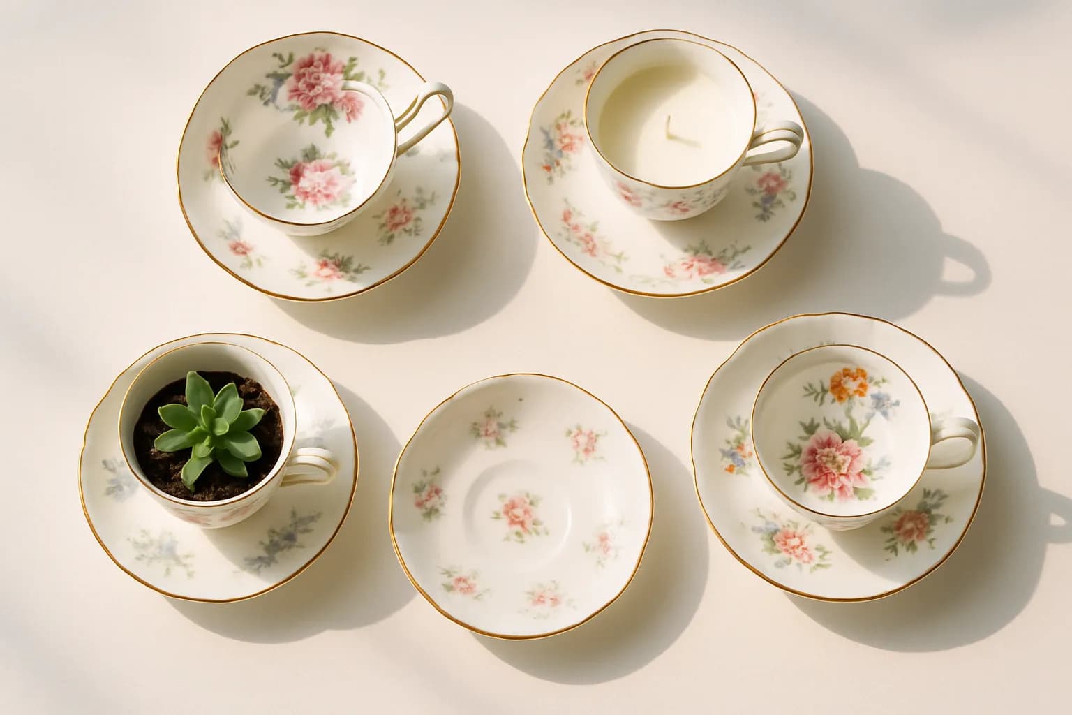 Mismatched vintage teacups and saucers repurposed as a candle and a succulent planter.