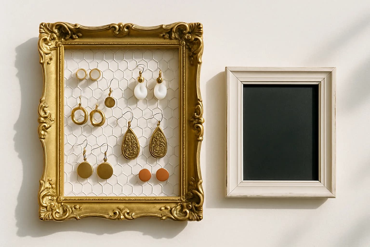 An old ornate picture frame repurposed as a wire jewelry organizer with earrings hanging from it, beside a smaller frame painted as a chalkboard