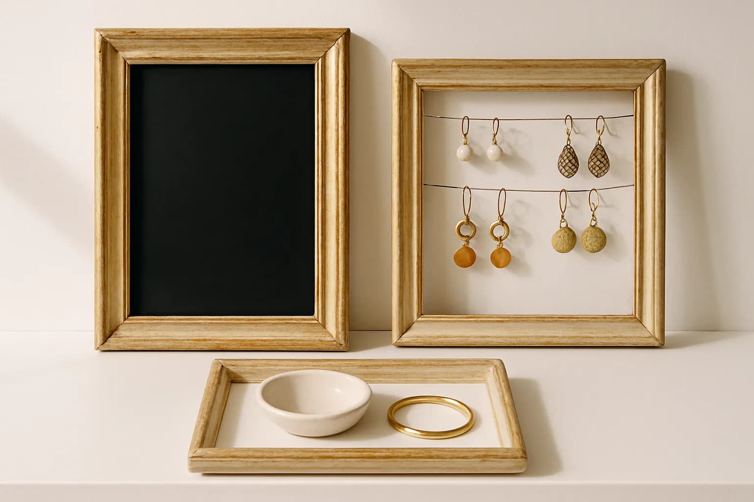Old picture frames repurposed as a chalkboard, jewelry organizer, and tray.