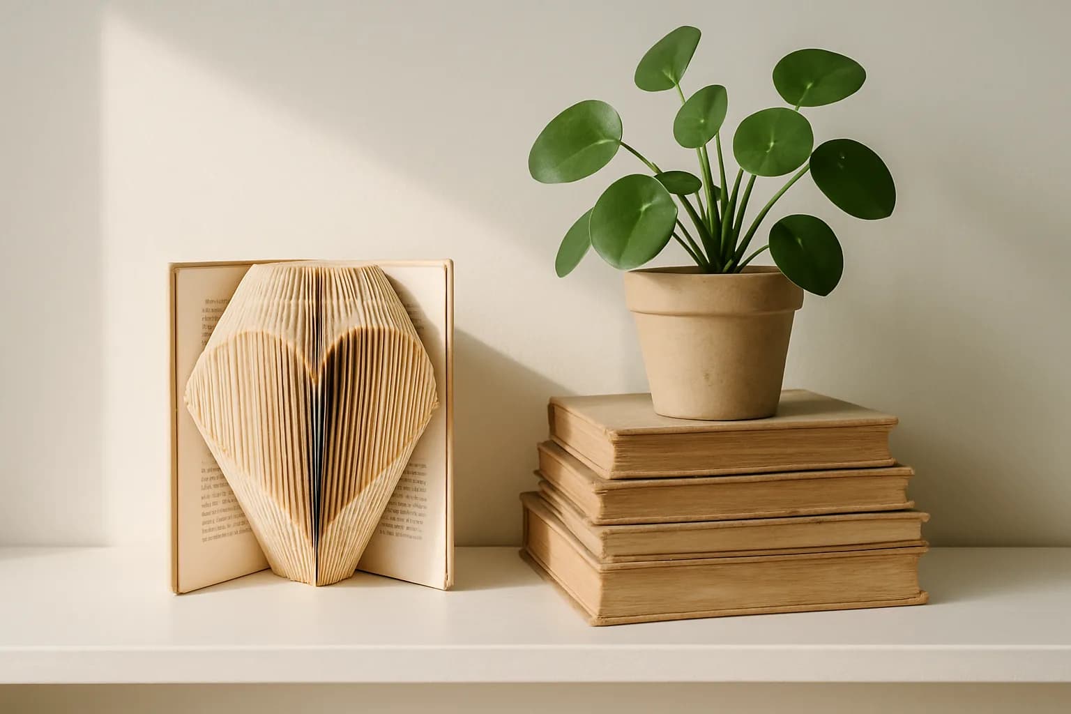Folded-page book art beside a stack of old books used as a plant riser on a styled shelf