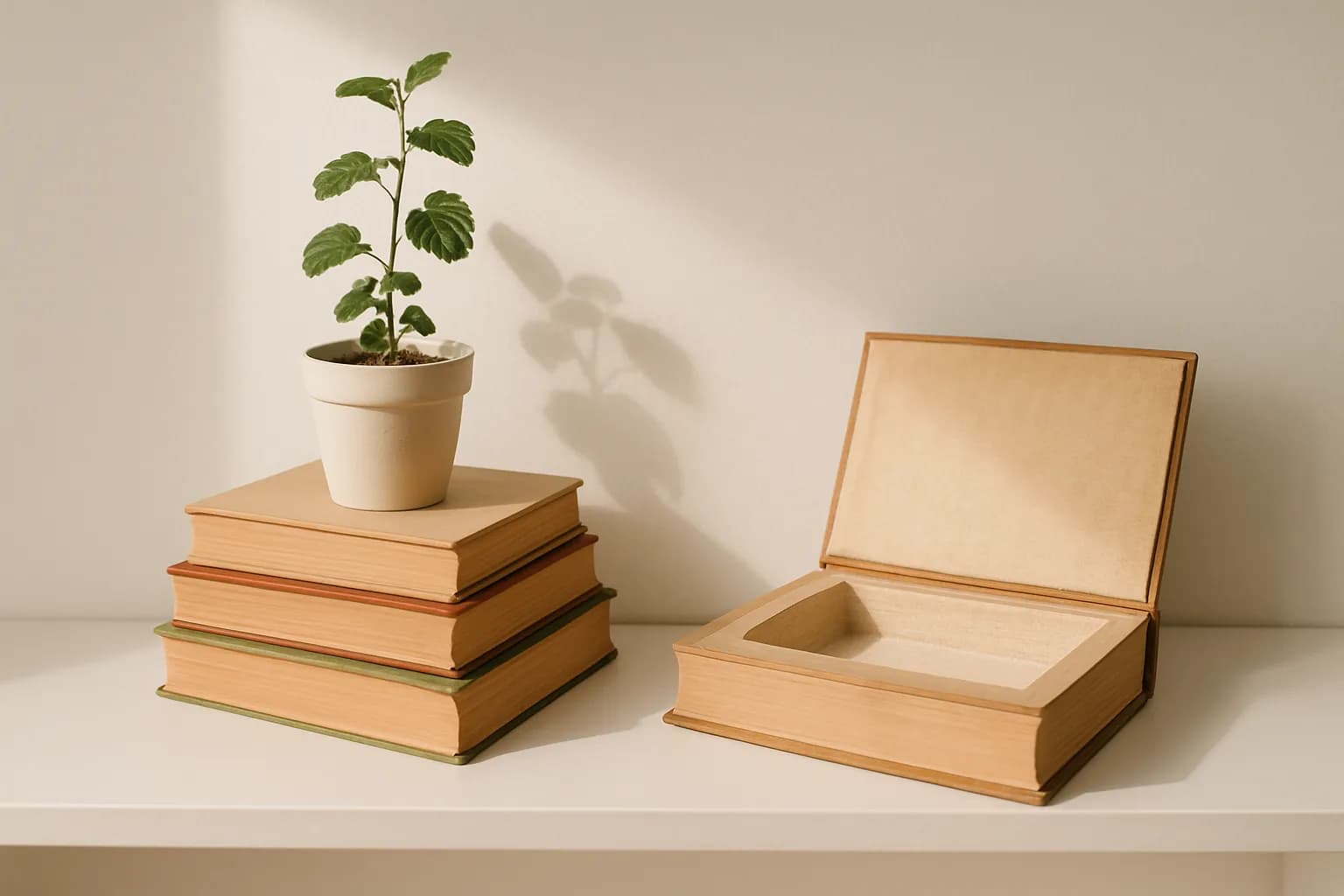 Old hardback books stacked as decor risers and one hollowed into a storage box.