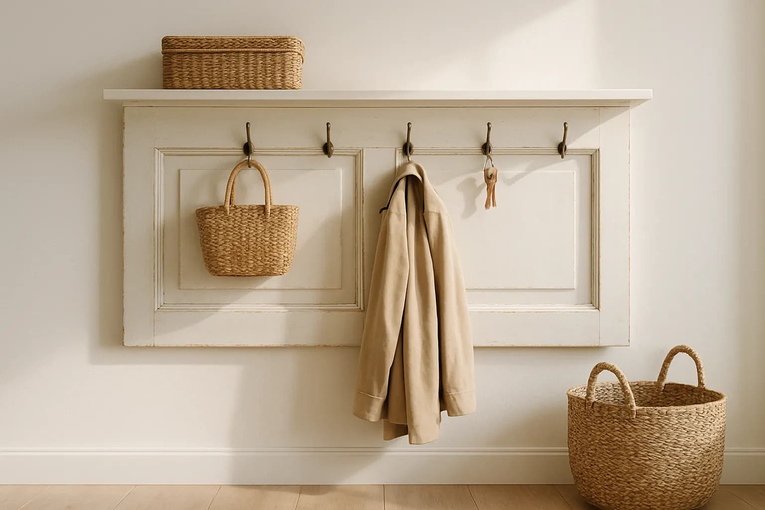 An old panelled door mounted horizontally with hooks and a shelf as an entryway coat rack