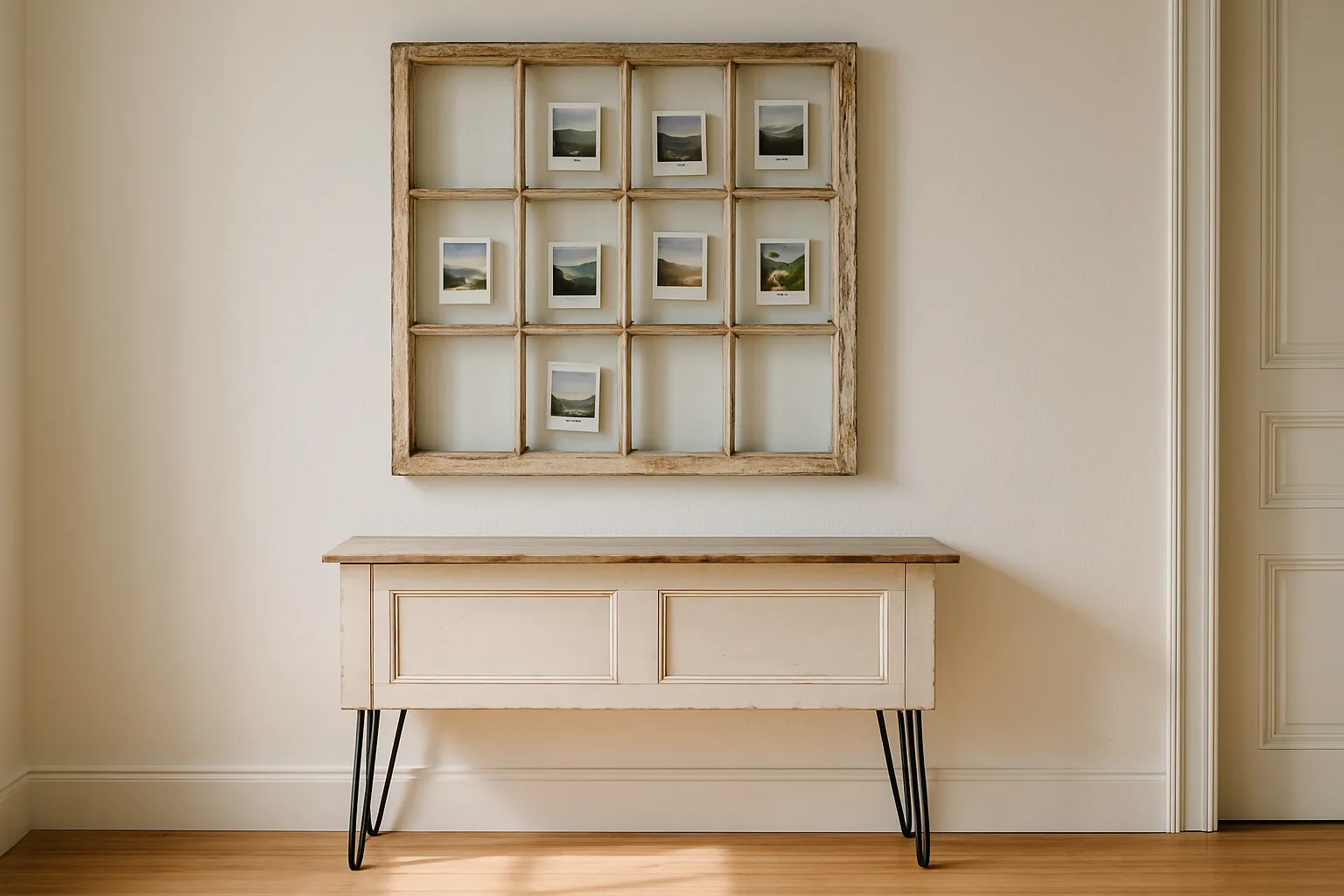 An old multi-pane window used as a photo frame and a panelled door as a console table.