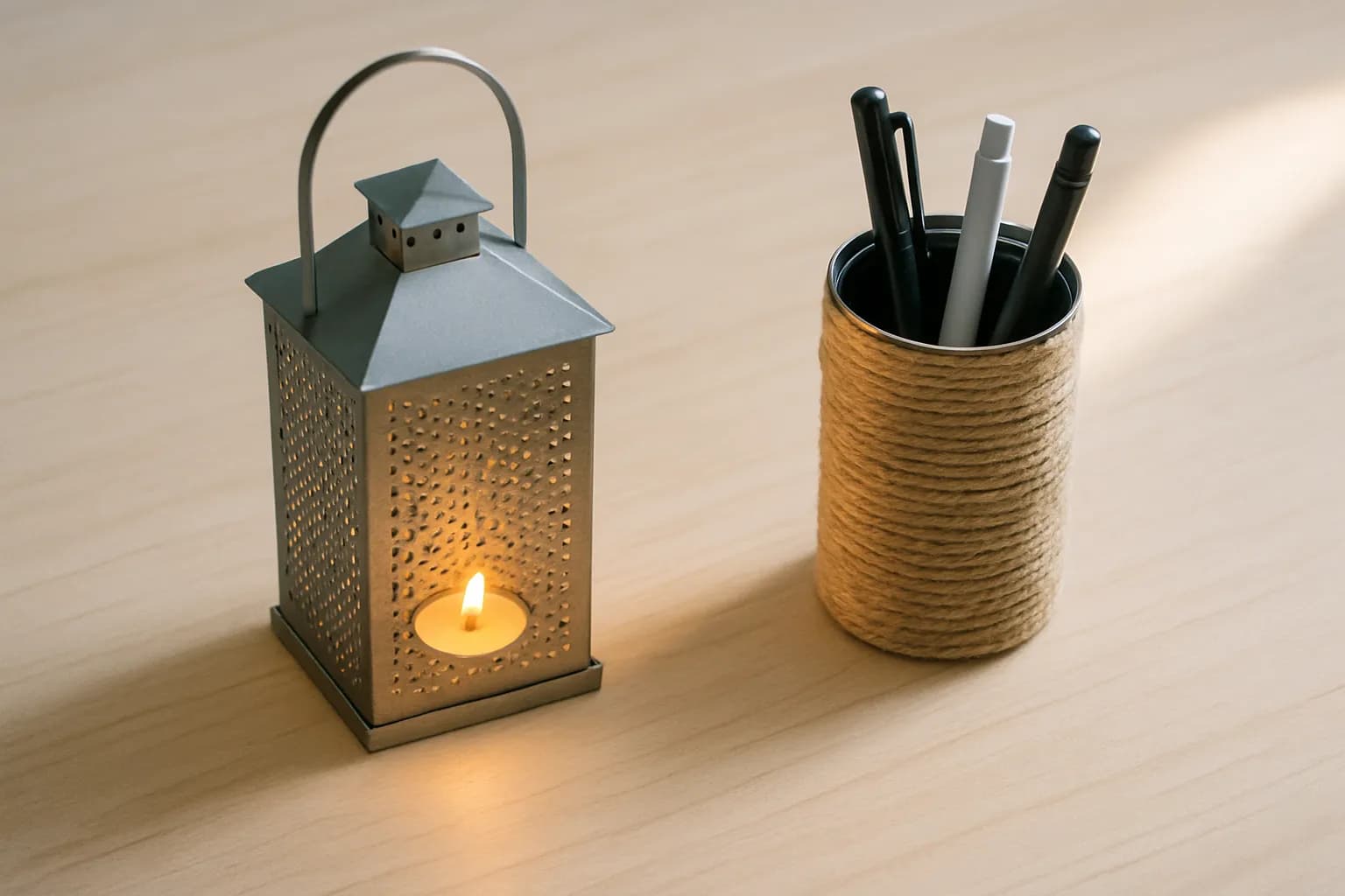 A punched-tin lantern glowing with a tealight beside a twine-wrapped can holding pens on a wooden table