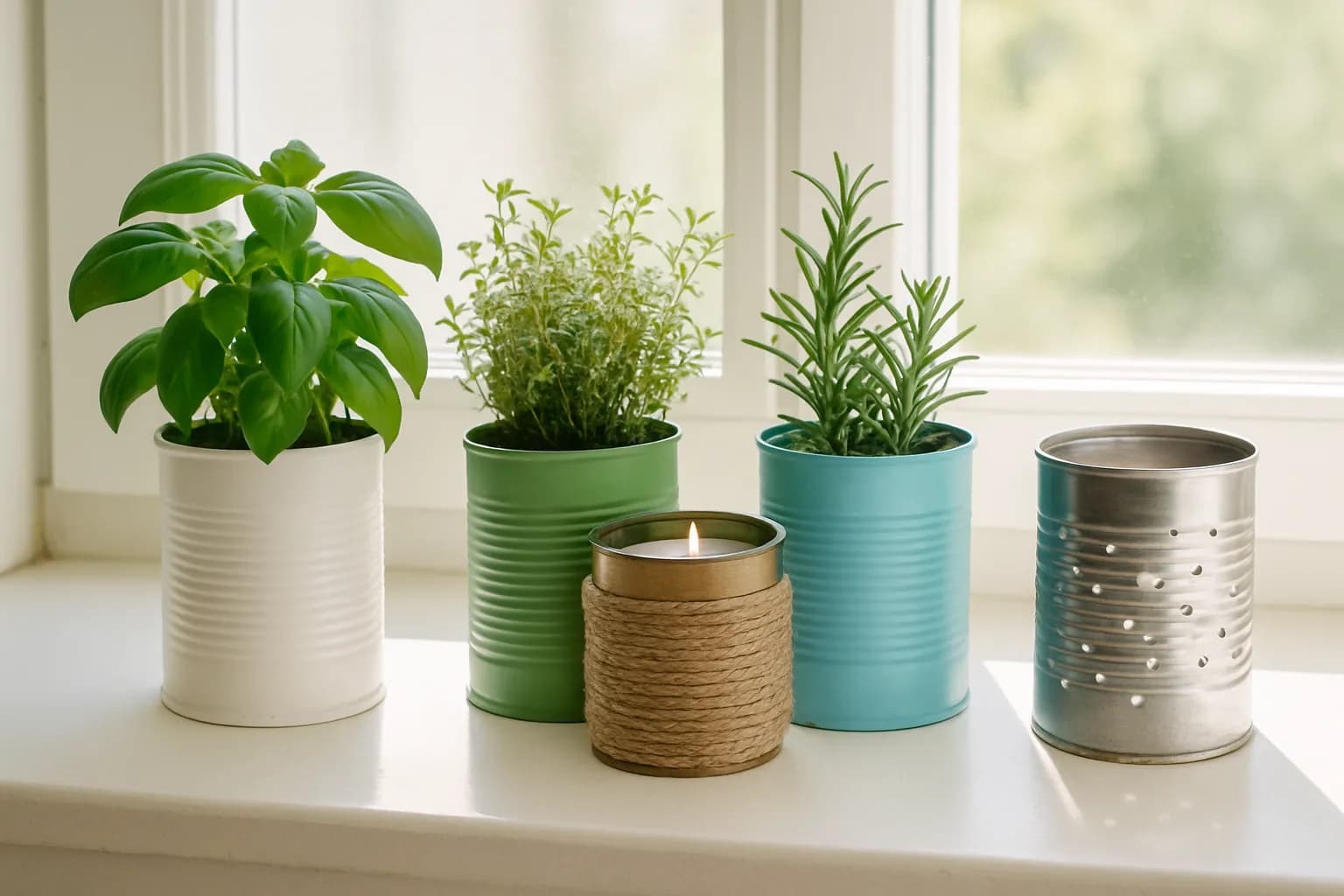 Upcycled tin cans used as planters, a twine candle holder, and a punched lantern.