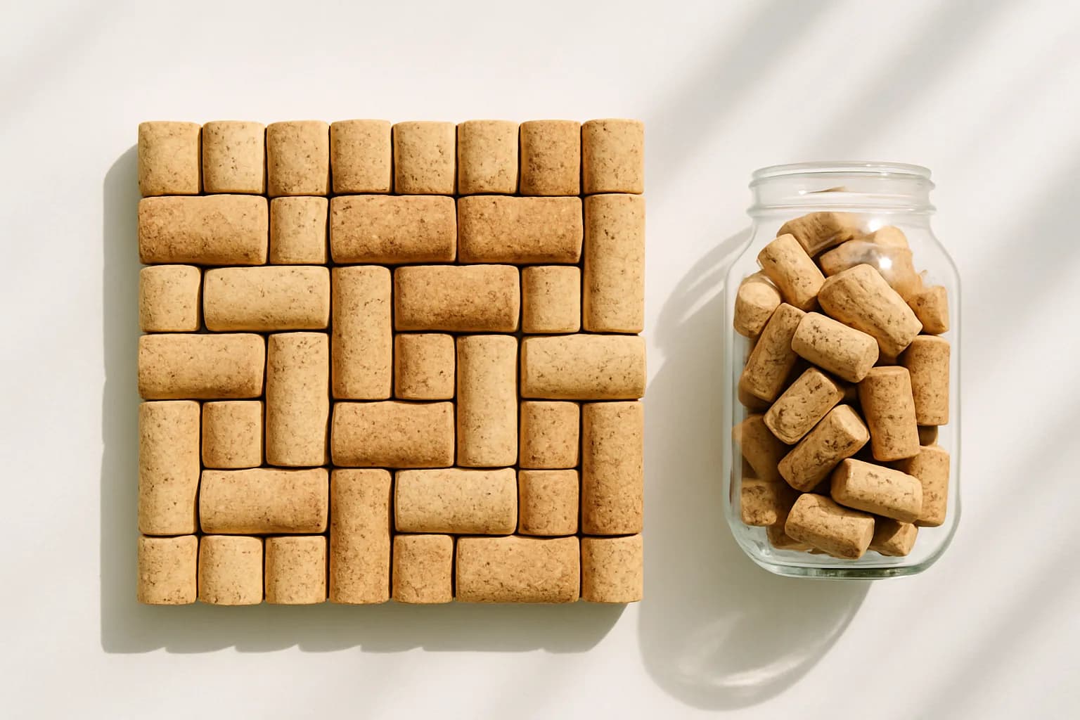 A corkboard made from wine corks glued edge to edge, beside a jar full of saved corks