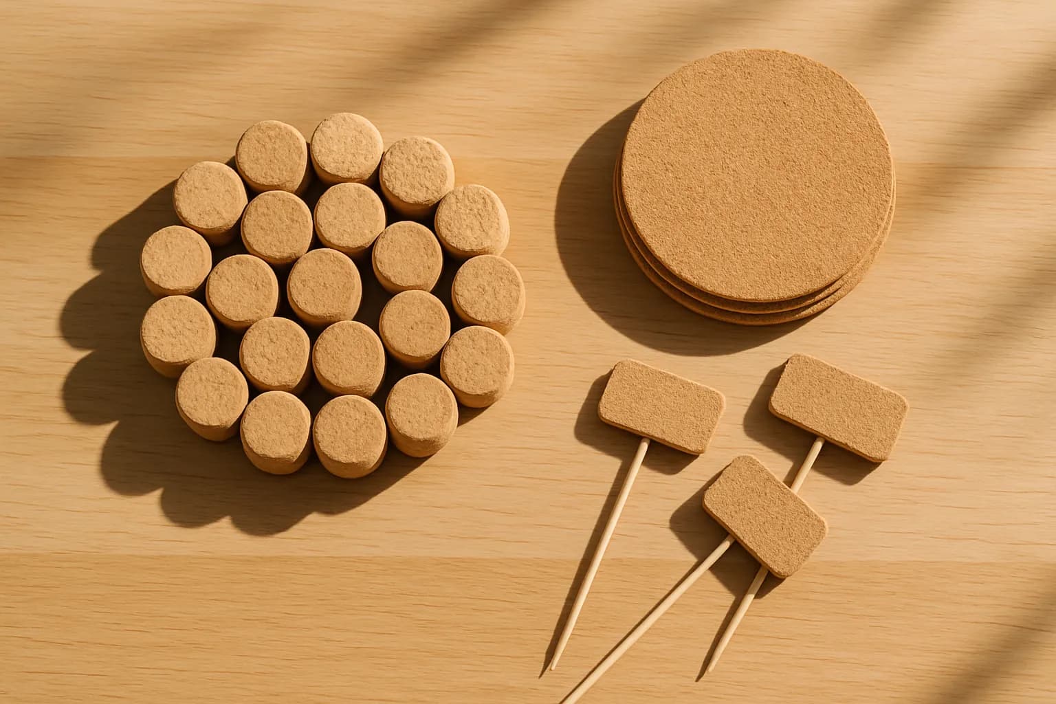 A wine cork trivet, cork coasters, and cork plant markers on a wooden table.