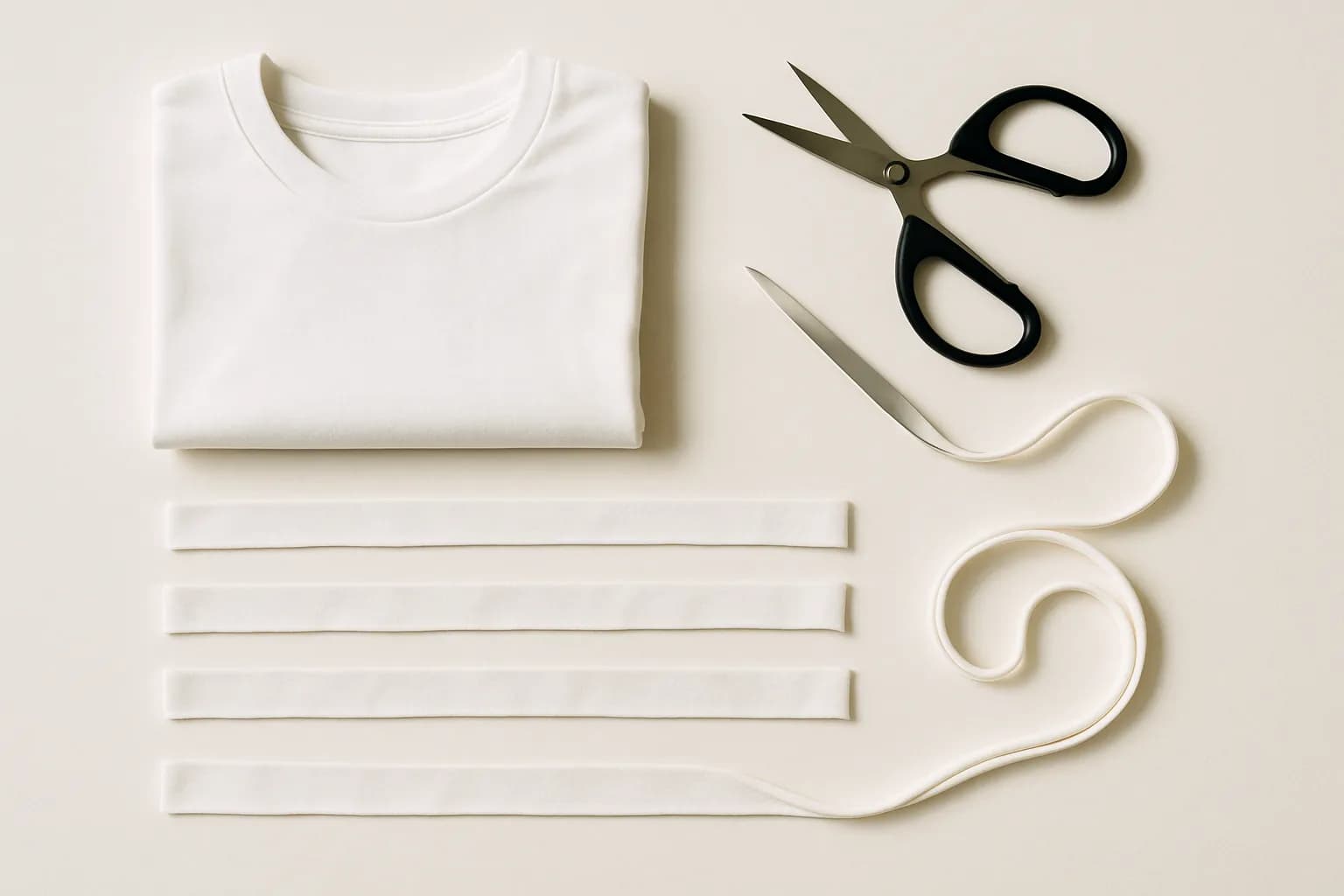 The t-shirt yarn-making process on a pale surface — a folded cotton tee, scissors, cut strips, and one strip mid-stretch curling into cord, shot top-down
