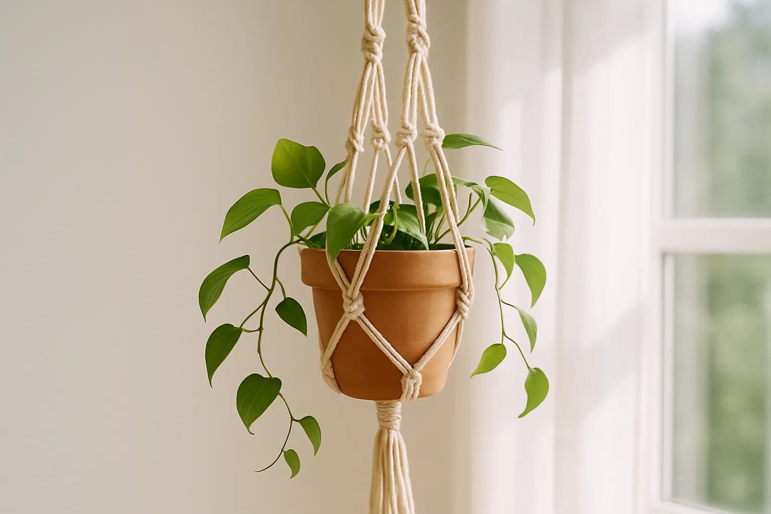 A macramé plant hanger made from t-shirt yarn holding a pothos in front of a window.