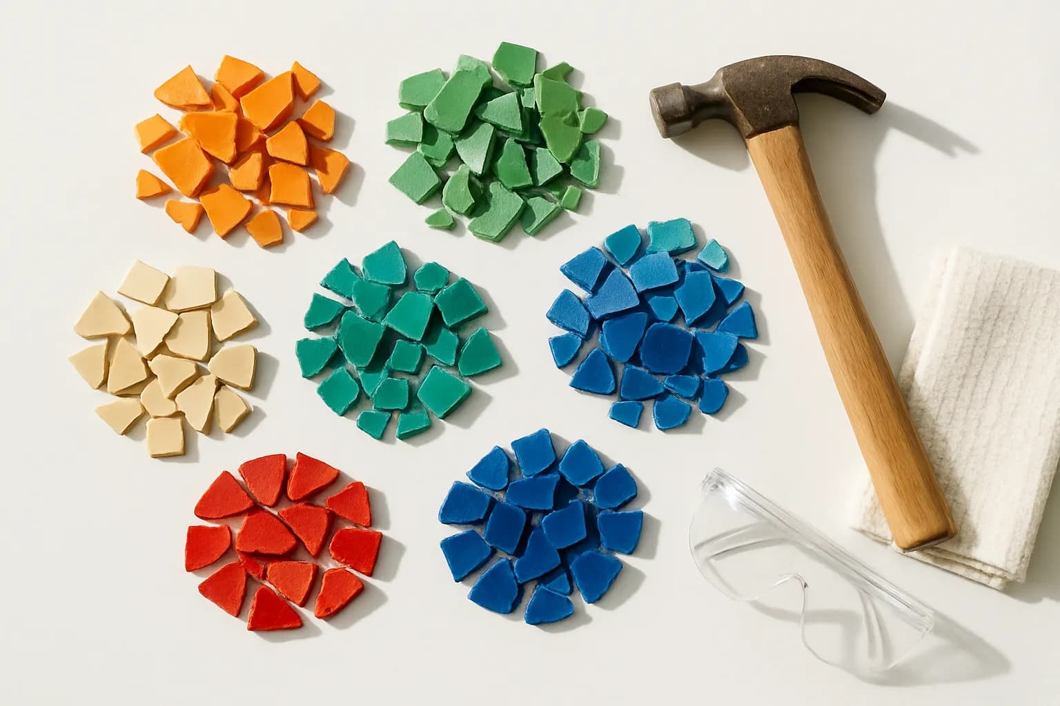 Sorted piles of colorful ceramic shards grouped by color and size on a clean white surface, a hammer and folded towel to one side and safety glasses in frame, shot top-down