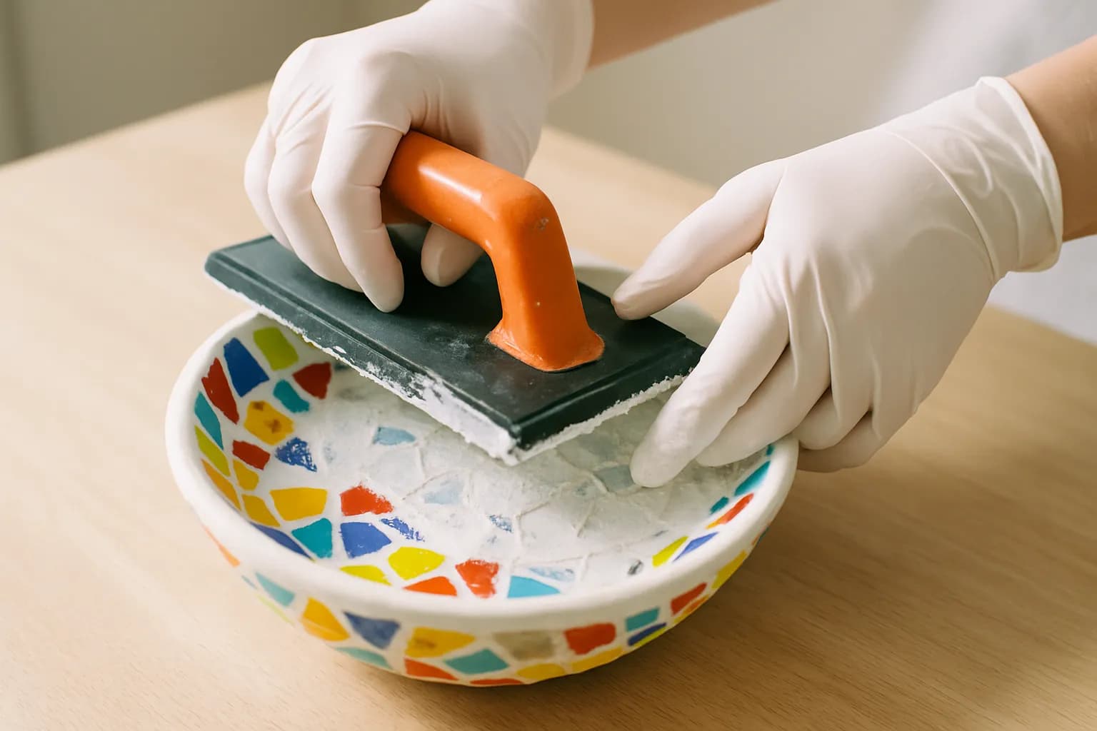 Gloved hands pressing grout into a colorful mosaic bowl with a rubber float, grout smeared across the shards mid-process