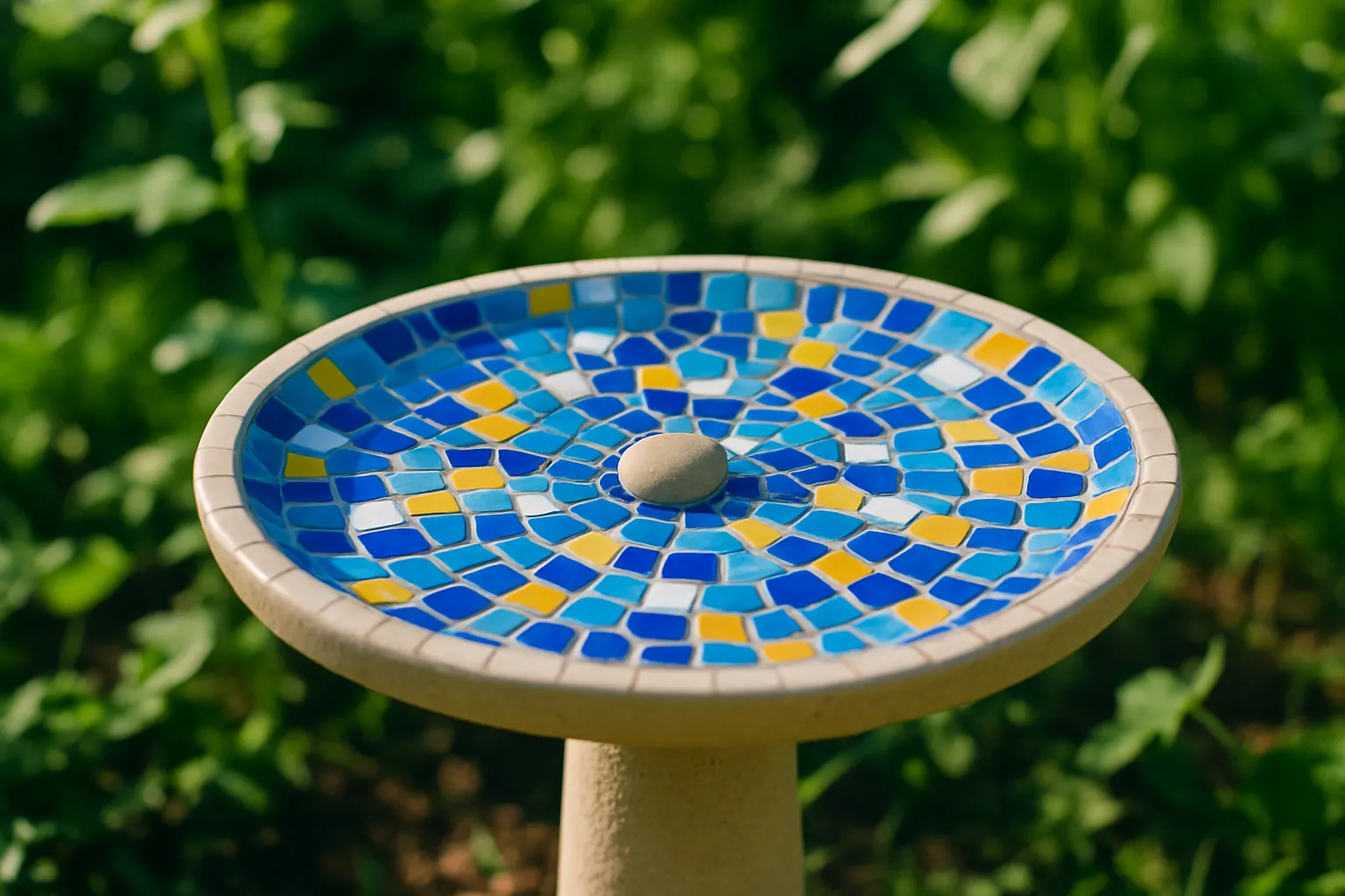 A mosaic birdbath made from broken ceramic plates in a sunlit garden.