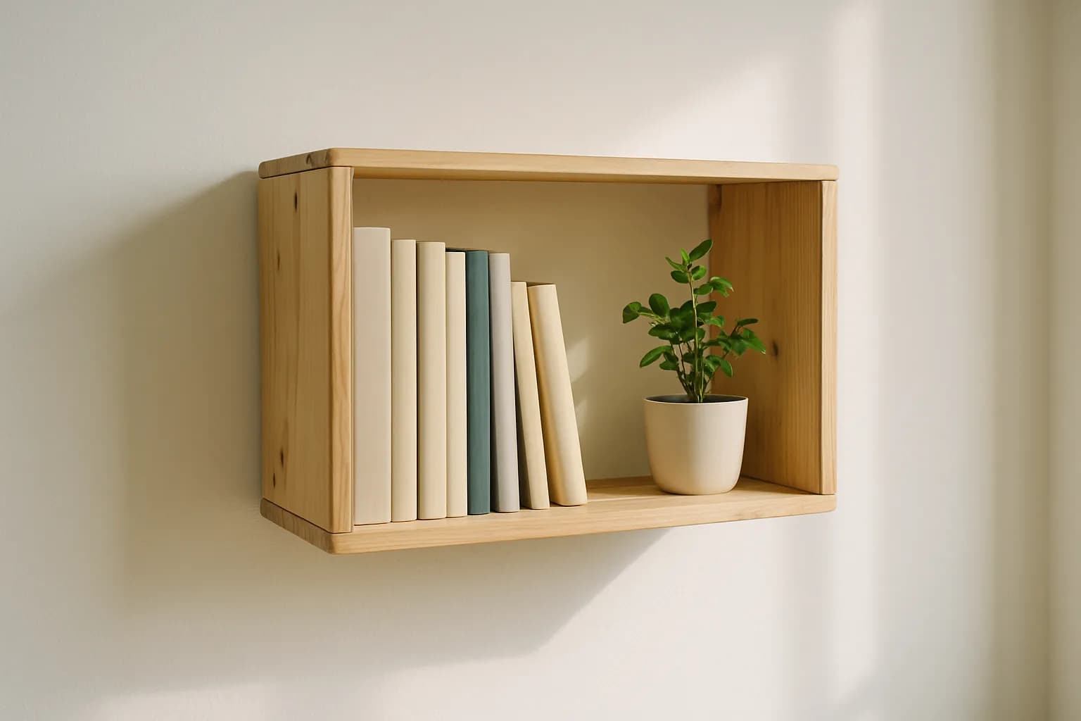 A single wooden crate mounted on its side as a floating shelf holding books and a small plant