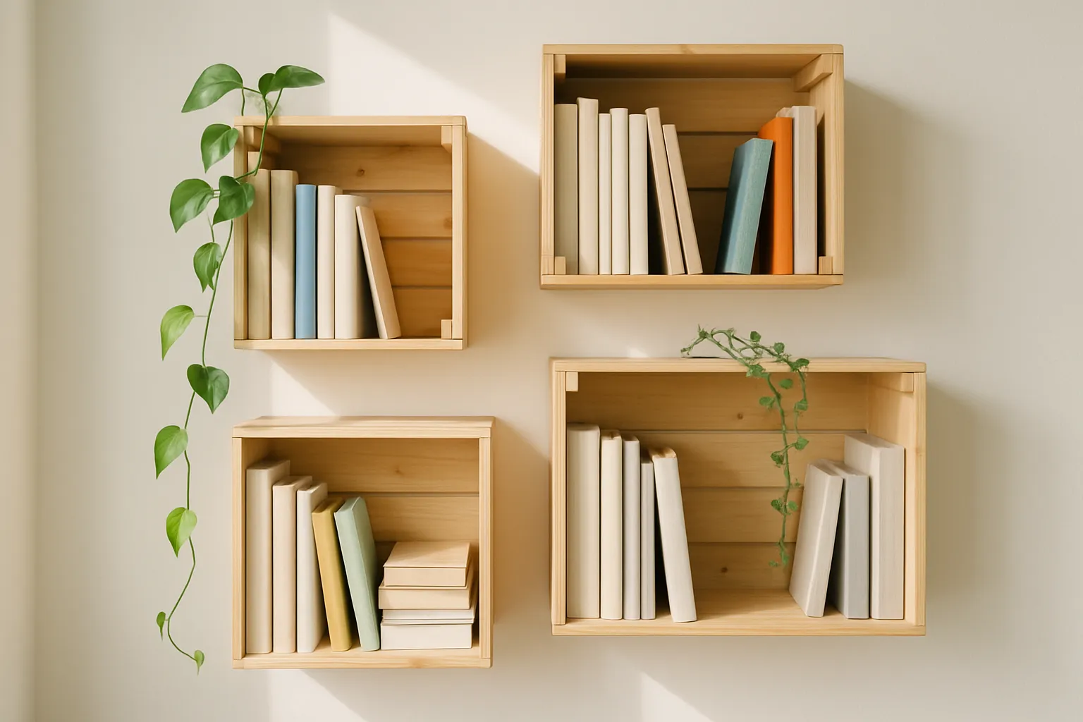 Wooden crates mounted on a wall as staggered open shelving with books and plants.