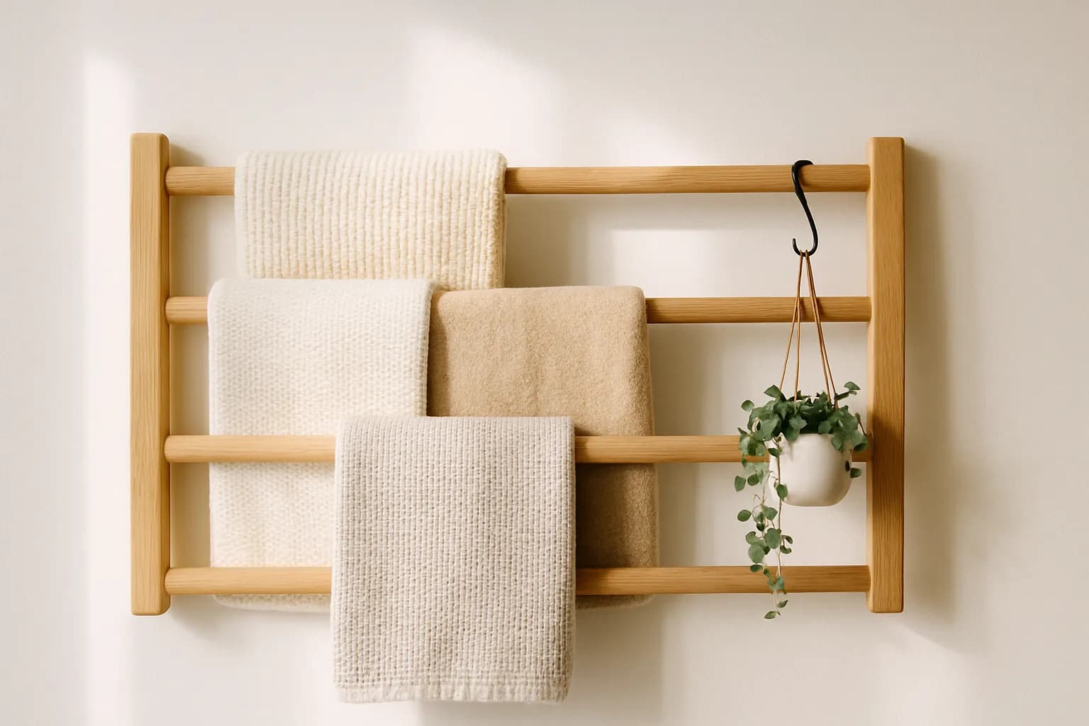 A wooden ladder mounted horizontally on a wall, styled with folded blankets over each rung and a small hanging plant on an S-hook at one end